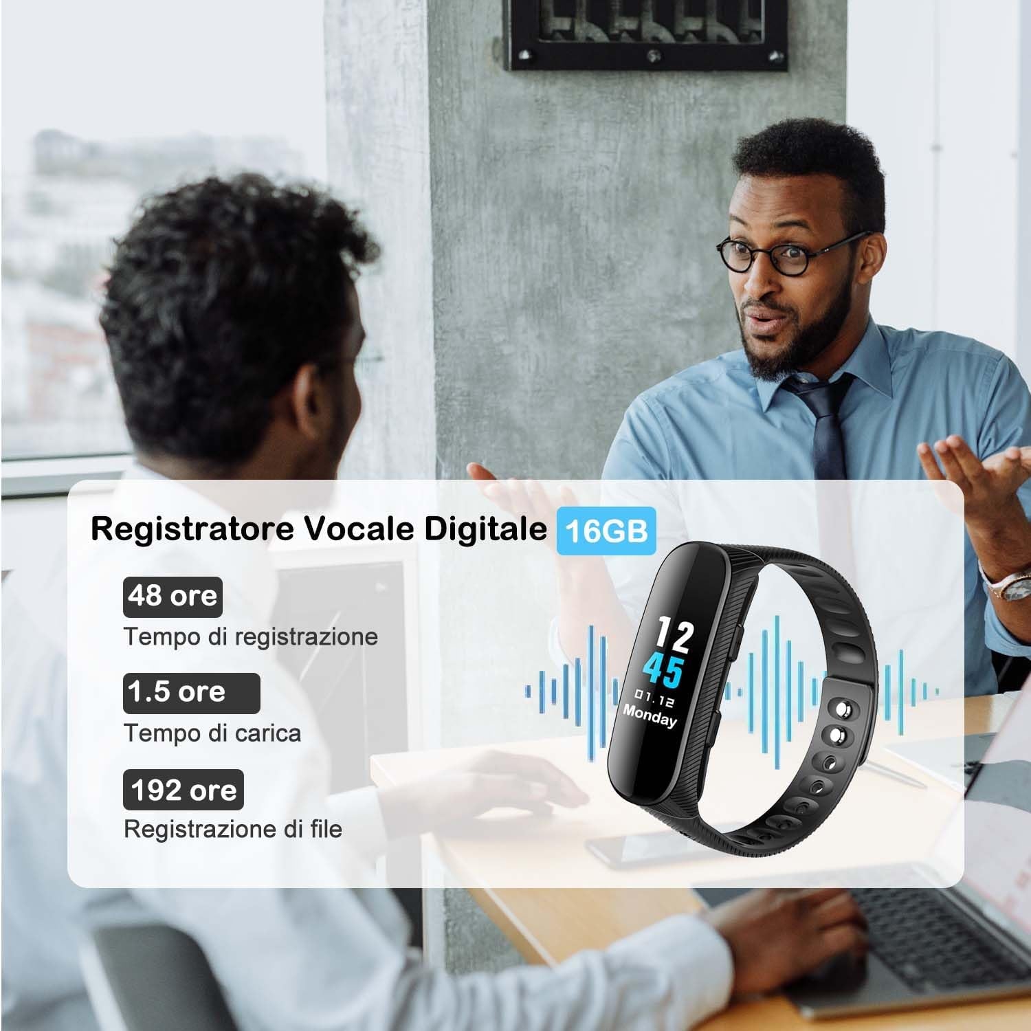 Registratore Vocale, 16GB Registratore Vocale Bracciale Professionale Con Attivazione Vocale E Lettore MP3, Orologio Con Registratore Vocale Ricaricabile USB per Riunioni Interviste Lezioni