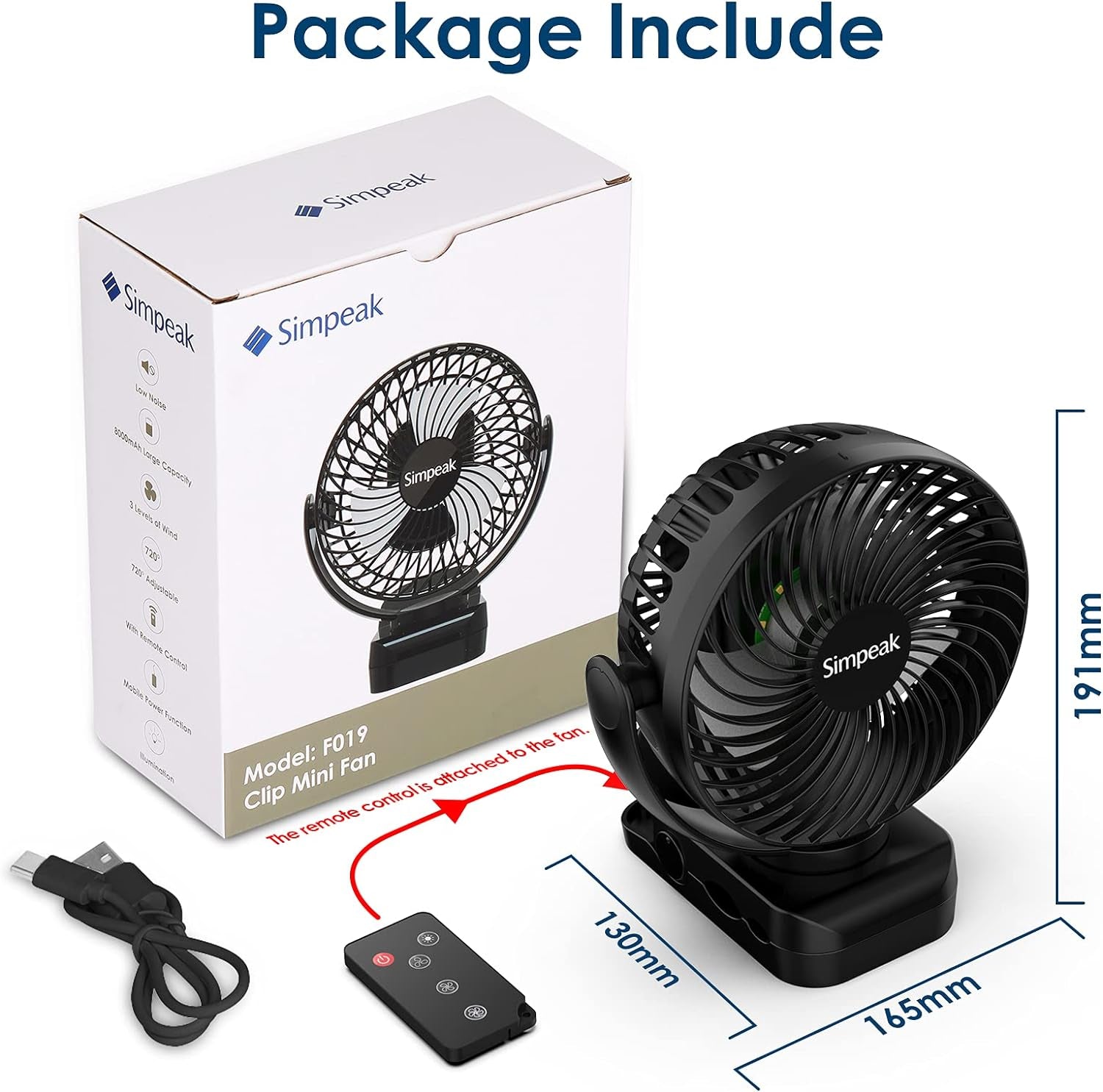 10000Mah Ventilatore Tavolo Clip Ventilatori USB Ricaricabile 3 Velocità 720 ° Angolo Regolabile Ventola Con Illuminazione Telecomando per Campeggio Casa Ufficio Passeggini Viaggi, Nero