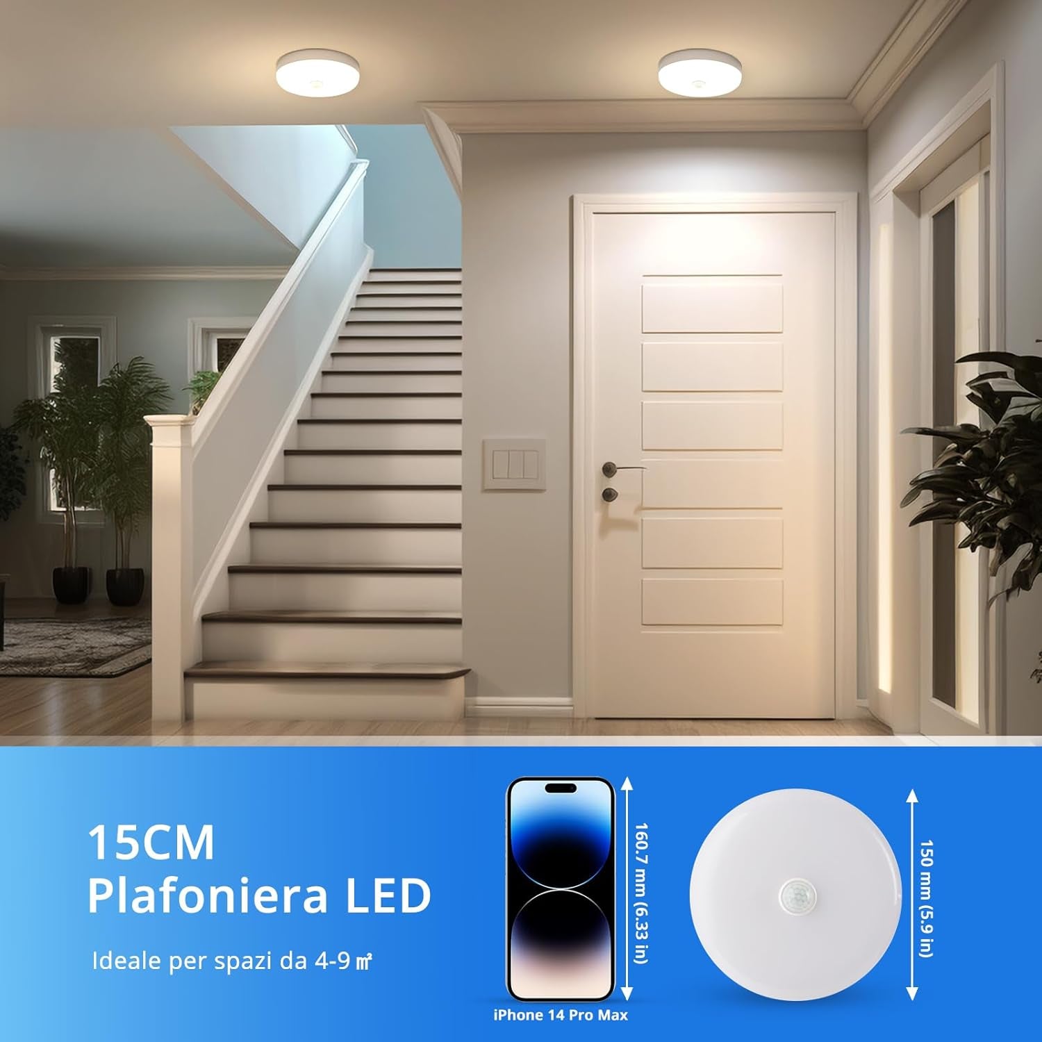 Plafoniera Led Soffitto Con Sensore Di Movimento Con Pir, 15W 1500LM 4000K Bianco Naturale Lampada a LED Rotonda, IP56 Luce Motion Sensor Antipolvere Impermeabile per Cucina Garage.