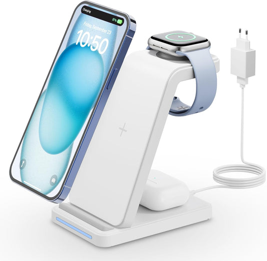 Caricatore Wireless, Caricatore Senza Fili 3 in 1 Compatibile Con Iphone 12/13/11/Pro/Pro Max/Xs Max/Xr/X/8 Plus, Qi Certificato Caricabatterie Wireless per Apple Watch 7/6/5/4/3/2/SE, Airpods Pro/3/2