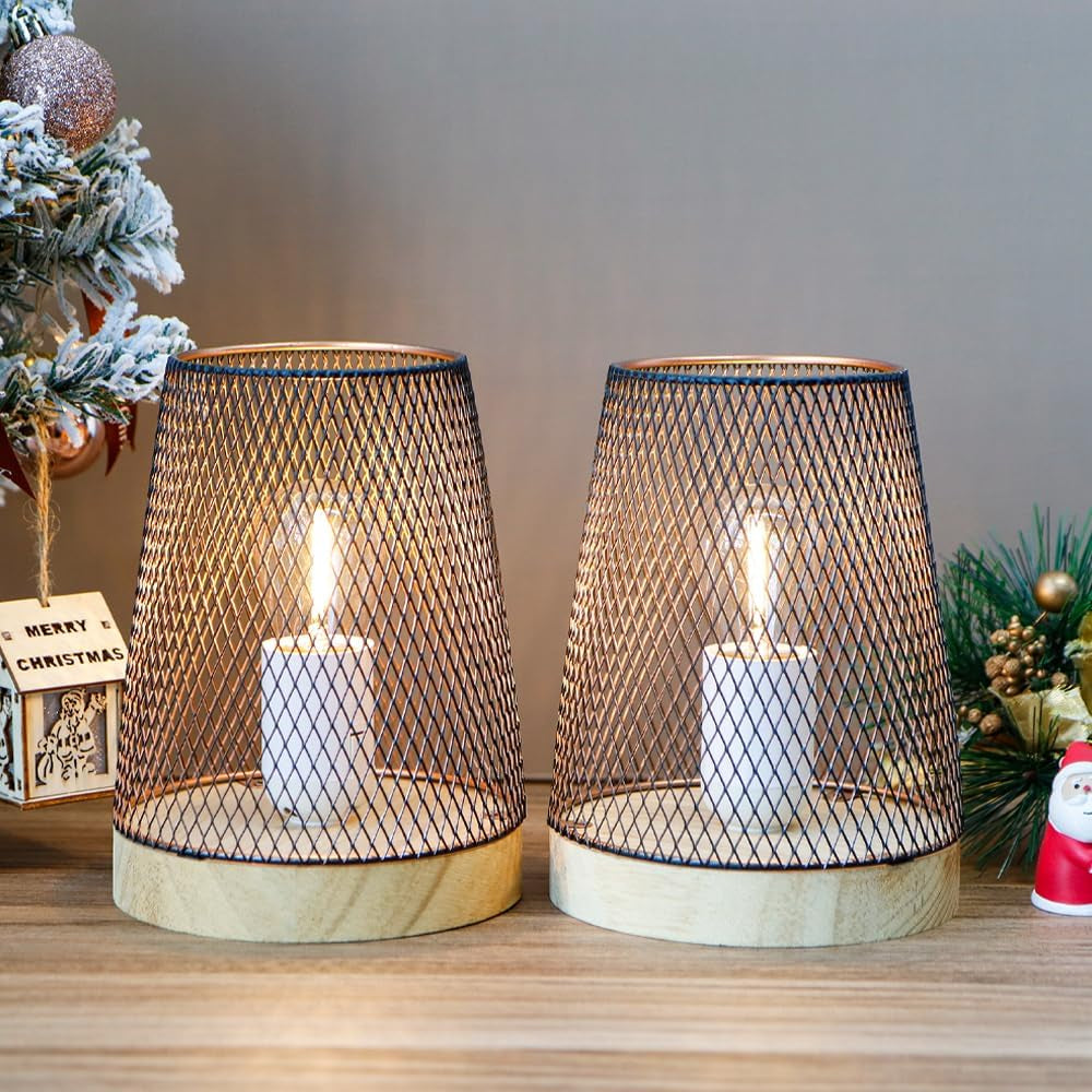 - Set Di 2 Lampade Da Tavolo in Stile Retrò, Con Base in Legno, 18 Cm Di Altezza, Senza Fili, Con Illuminazione Geometrica a Batteria, per Casa, Bar, Bar, Interni Ed Esterni (Bronzo)