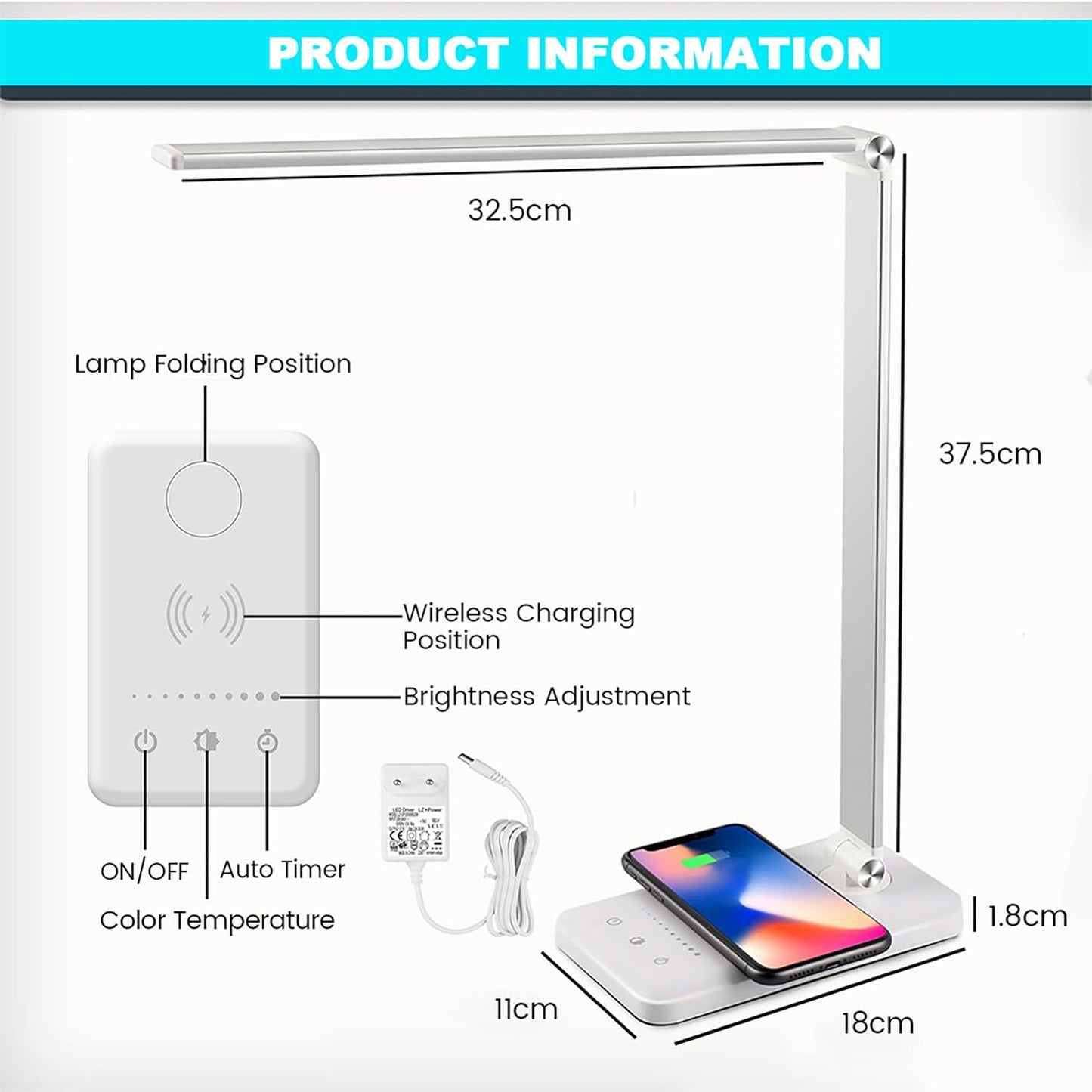 Lampada Scrivania LED, Lampada Da Tavolo, Caricatore Wireless 10W, Ricarica USB 5V/2A, 10 Luminosità X 5 Temperature Di Colore, Protezione Degli Occhi, Dimmerabile per Lettura, Studio, Ufficio