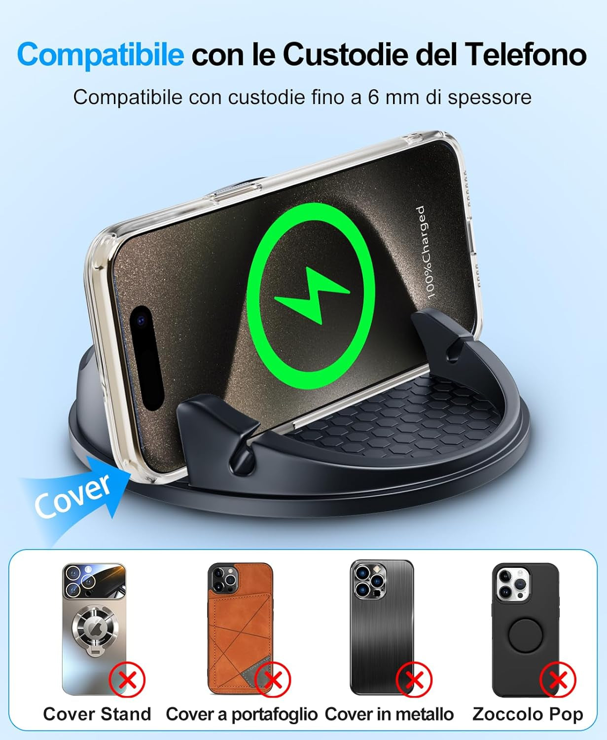 Caricatore Wireless Auto, 15W Caricabatterie Ricarica Rapida Supporto, Antiscivolo Caricatore Qi Auto Cruscotto per Iphone 16 14 13 12 11 Pro Max XR X SE, Samsung S23 S22 S21 Ultra Ecc