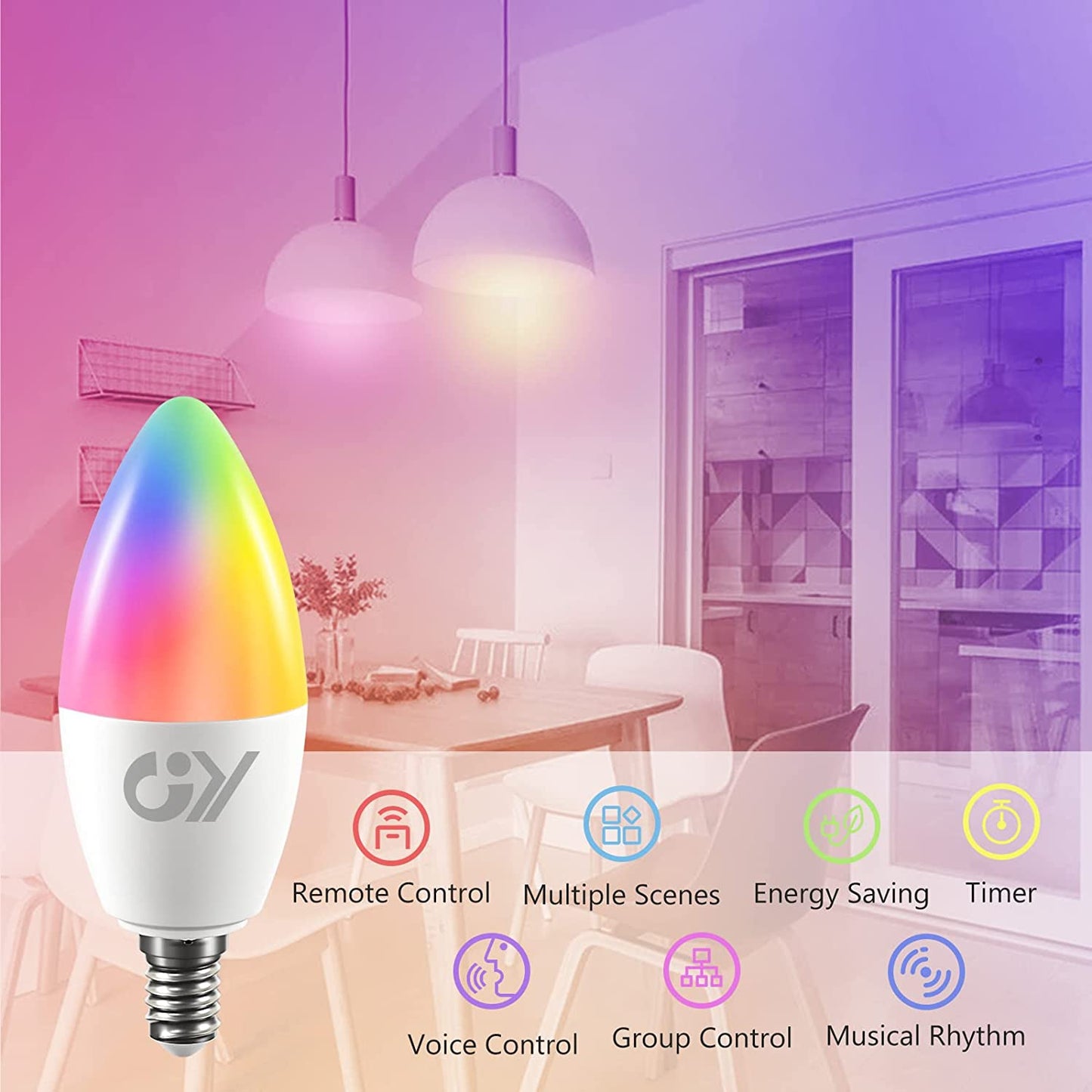 Lampadine LED Alexa Inteligente Wifi E14 6W 600LM C37, Multicolore Regolabile RGBCW Dimmerabile Bulbo, Applicazione Di Controllo 2700K-6500K, Compatibile Con Alexa/Google Home, 2 Pezzi