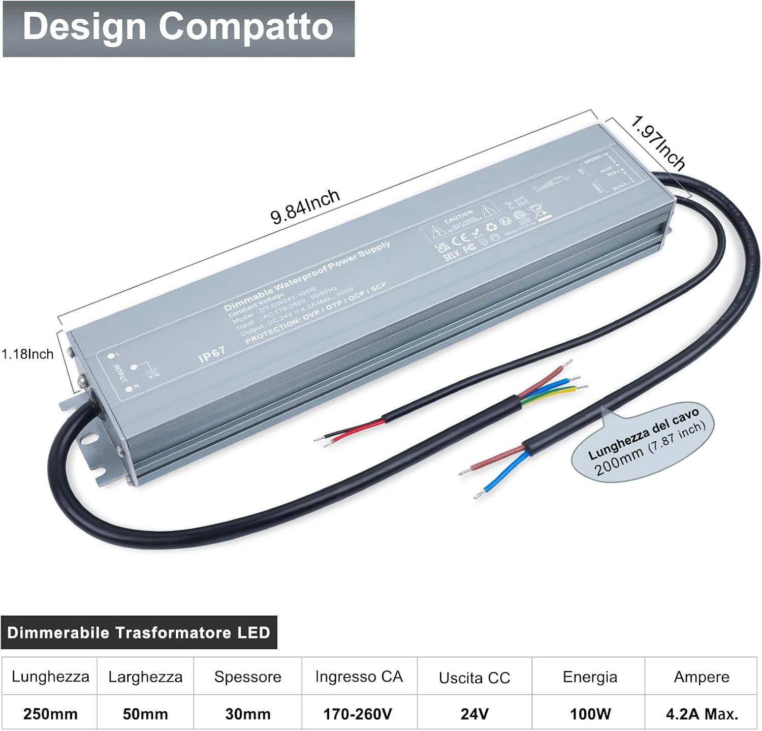 Trasformatore LED Da 220V a 24V 100W Dimmerabile Impermeabile IP67 TRIAC & 0-10V&1-10V & PWM Outdoor Alimentatore 4.2A Driver LED DC 24 Volt a Bassa Tensione Power Supply Tensione Costante