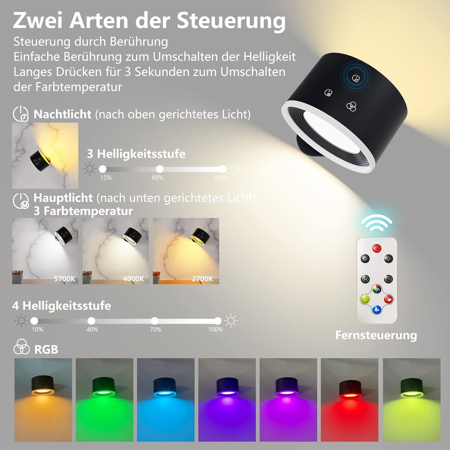 Lampada Da Parete per Interni, Illuminazione Da Parete Con Dimmerabile, Illuminazione RGB Con Telecomando Con Batteria Con Porta Di Ricarica USB, Funzione Timer 1 Ora Touch Control Lampada Da Parete