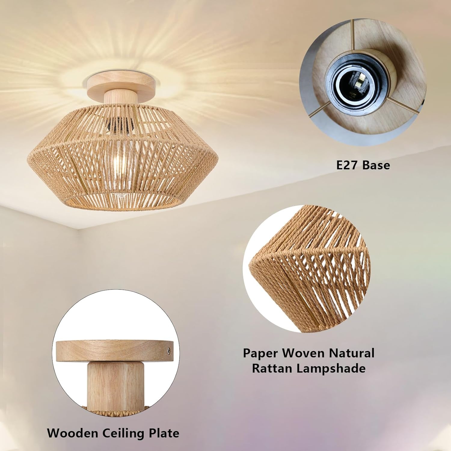 Plafoniera Soffitto Camera Da Letto Boho in Rattan, Lampadario Soffitto Intrecciato a Mano a 1 Luce, Plafoniere Da Soffitto in Legno per Fattoria per Soggiorno, Cucina, Ingresso, Corridoio