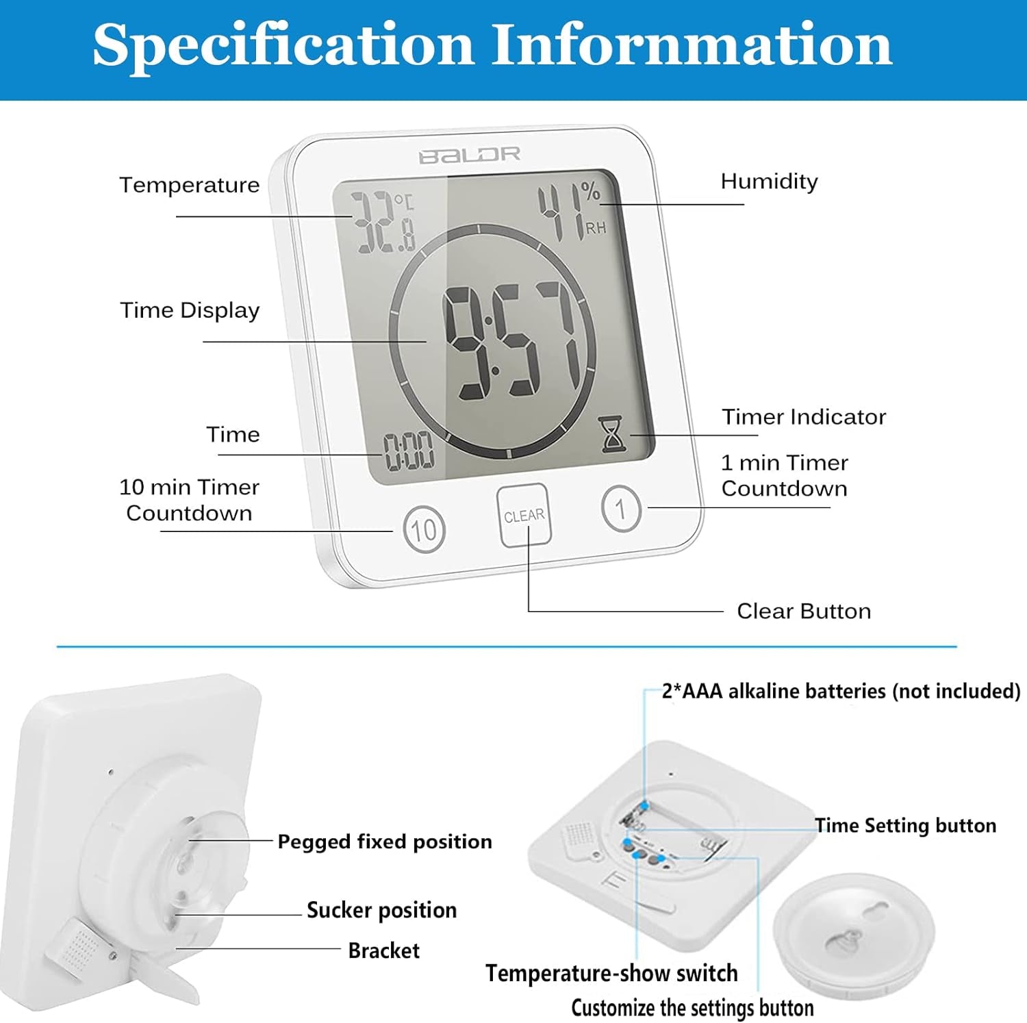 Orologio Da Bagno,Lgrometro Termometro Digitale,Monitor Umidità Da Interno,Stazione Meteo Con Espressione Facciale per Stanza Da Bambino LCD Touch Control Timer Allarme per Cucina Bagno