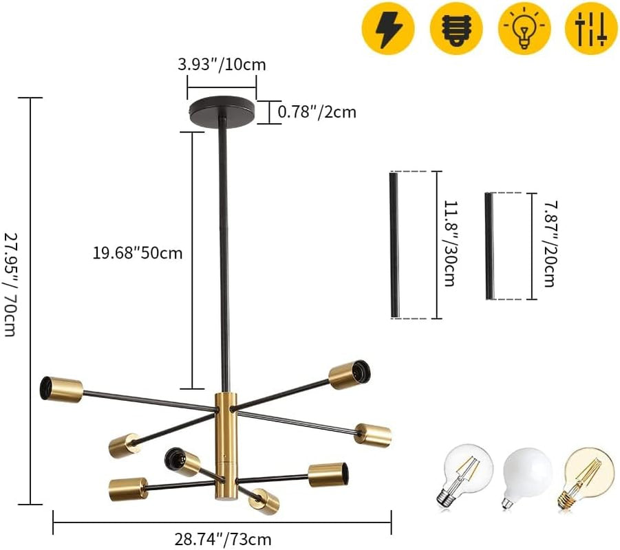 Lampadario Vintage, Lampada a Sospensione Industriale Neri/Oro, 8-Luci E27 Angolo Regolabile Di 360° Lampadario Soggiorno Camera Da Letto Sala Da Pranzo, Dia73Cm (Lampadine Non Incluse)