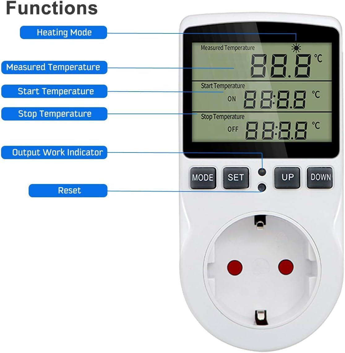 1PC Presa per Regolatore Di Temperatura Digitale AC 230V Con Sonda Sensore,Presa per Termostato per Riscaldamento E Raffreddamento Con Timer,Interruttore Termostato Con Display a LED per Serra