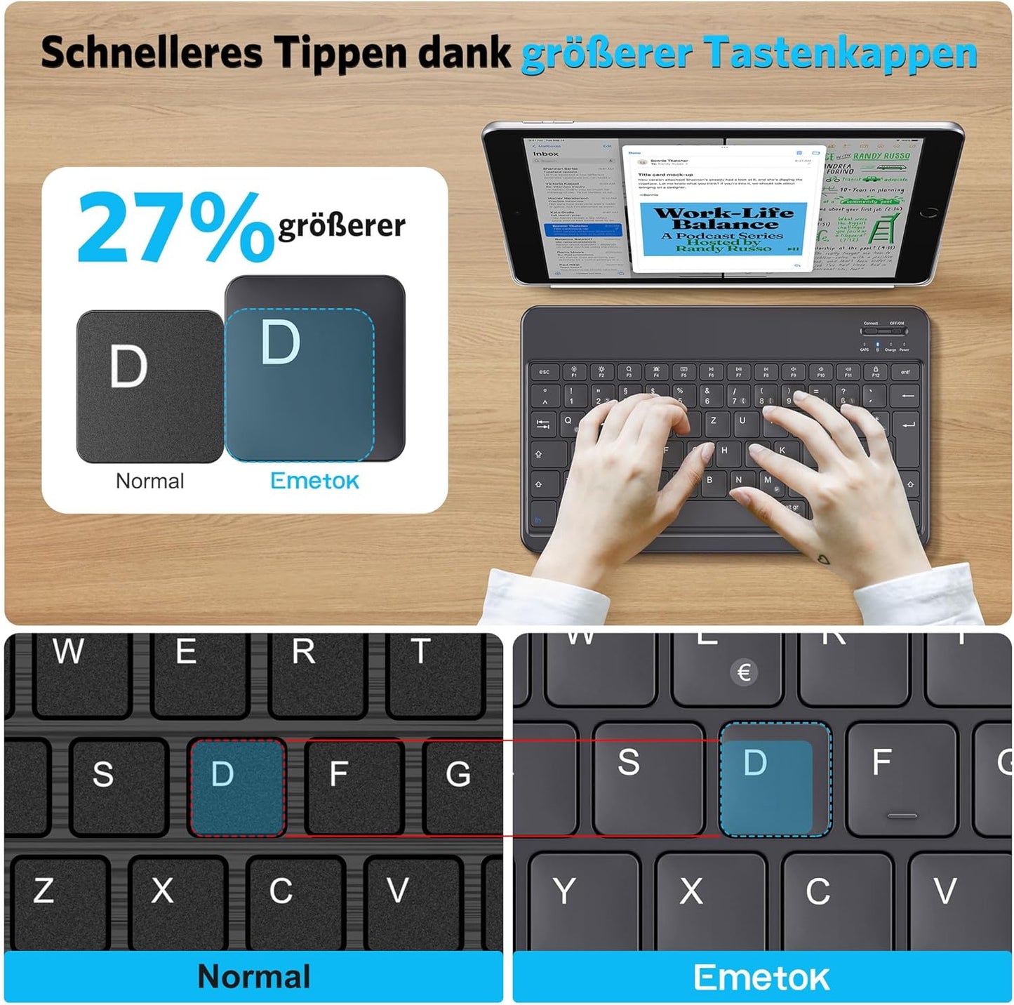 Tastiera Bluetooth Tedesca per Ipad Air/Ipad Pro/Ipad Mini/Ipad 10,2/9,7/Iphone, Ultra Sottile, Mini Tastiera Ricaricabile, Layout QWERTZ, Tastiera Portatile Senza Fili, Nero