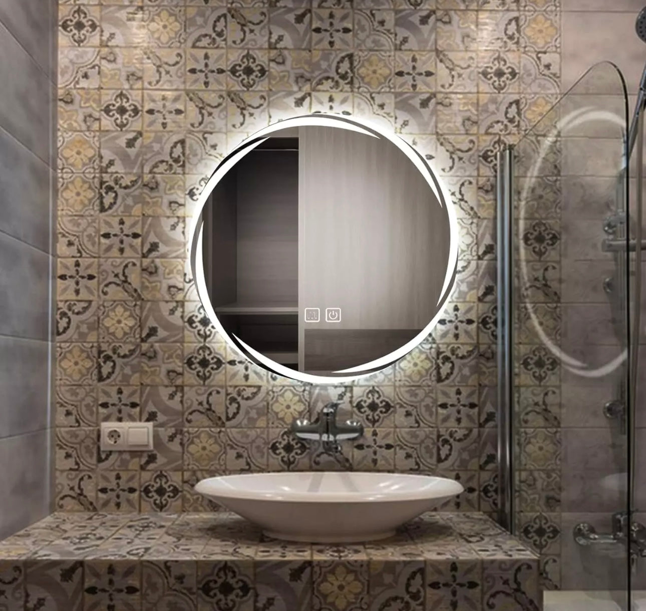 Specchio Da Bagno Rotondo Da 700 Mm Con Motivi Specchio Da Parete Con Luce a LED, Specchio Cosmetico Illuminato Più Elegante, Luce LED Dimmerabile a 3 Colori, IP44 (Caleidoscopio)