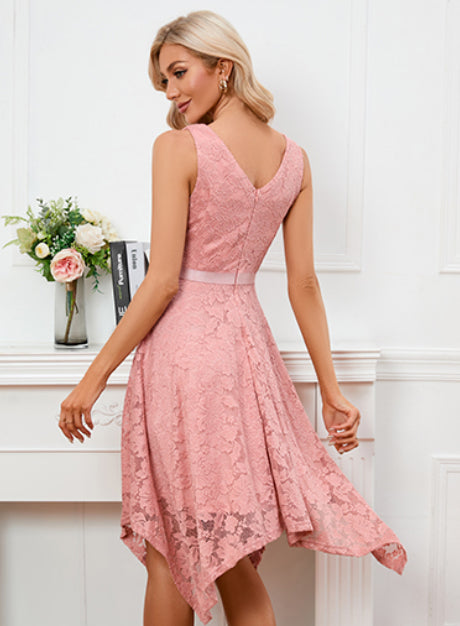 Abito Da Donna in Pizzo Floreale Con Orlo in Fazzoletto Asimmetrico, Da Cocktail, Senza Maniche, Da Damigella D'Onore