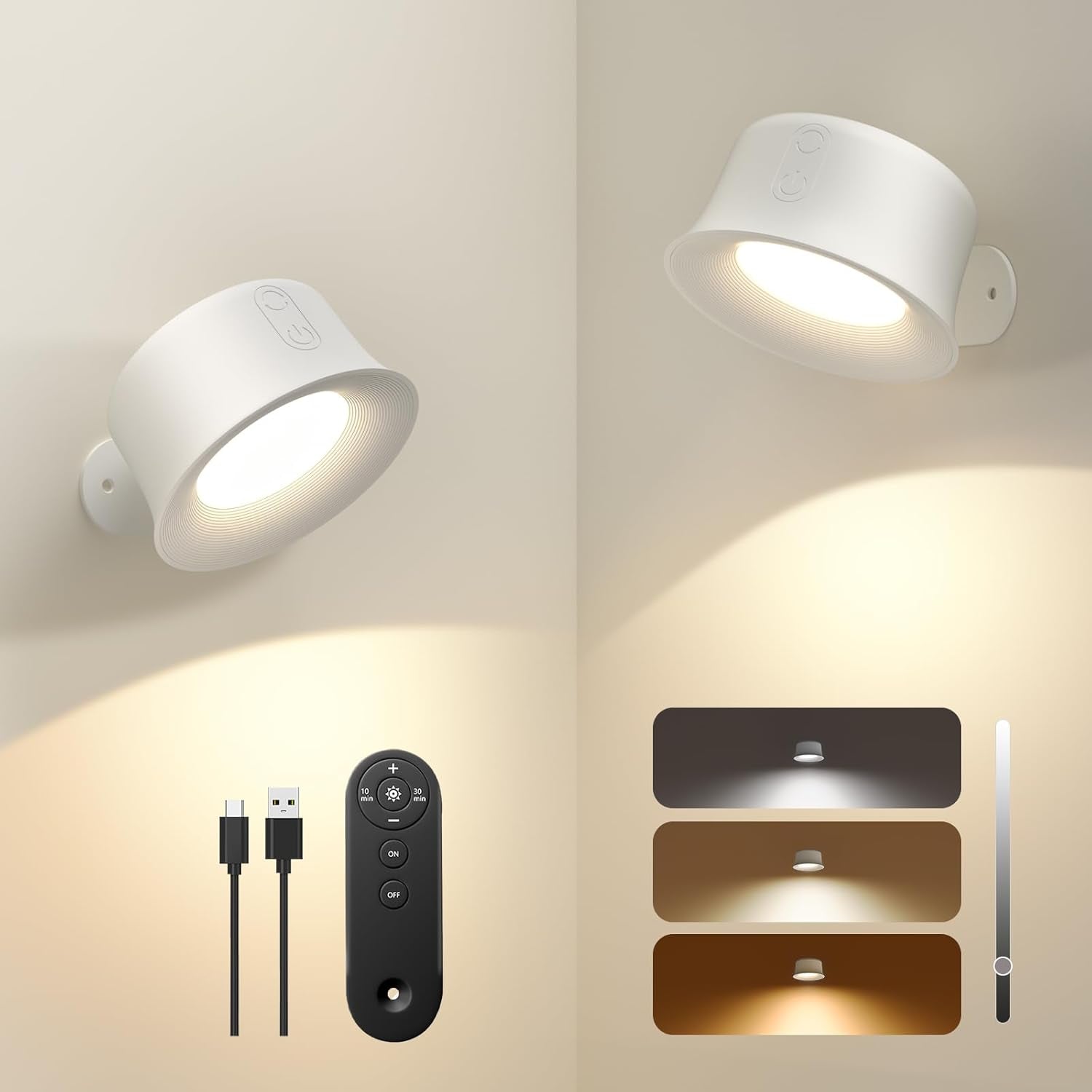 Lampada Da Parete a LED, Lampada Da Parete Touch Telecomando 3 Colori Luminosità Dimmerabile 3200Mah Batteria Ricaricabile Faretti Da Parete Ruota Di 360° Lampada Magnetica