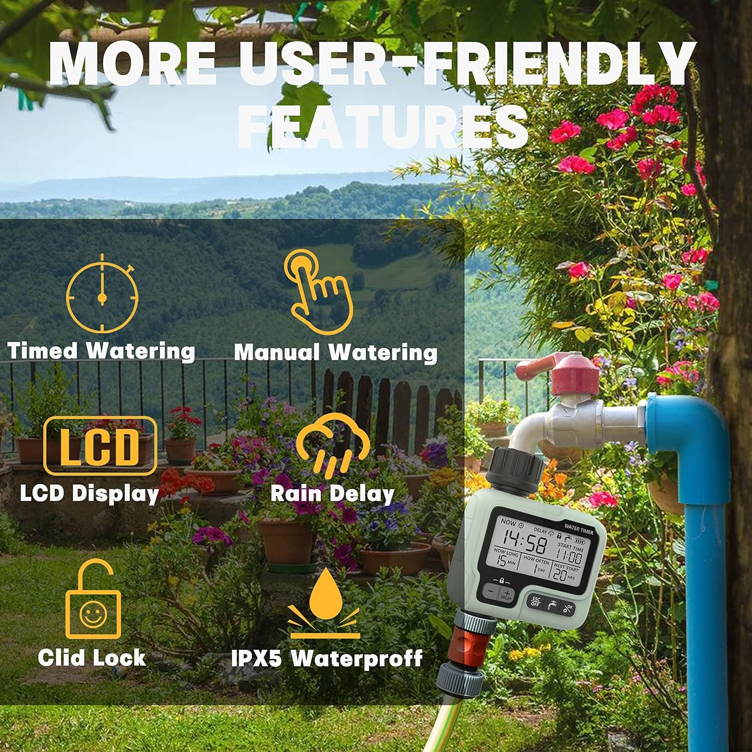 Timer Digitale per Irrigazione, Timer Acqua Giardino Programmabile Con Ritardo Pioggia, Modalità Di Irrigazione Automatica E Manuale, per Giardino, Prato, Patio, Fattoria