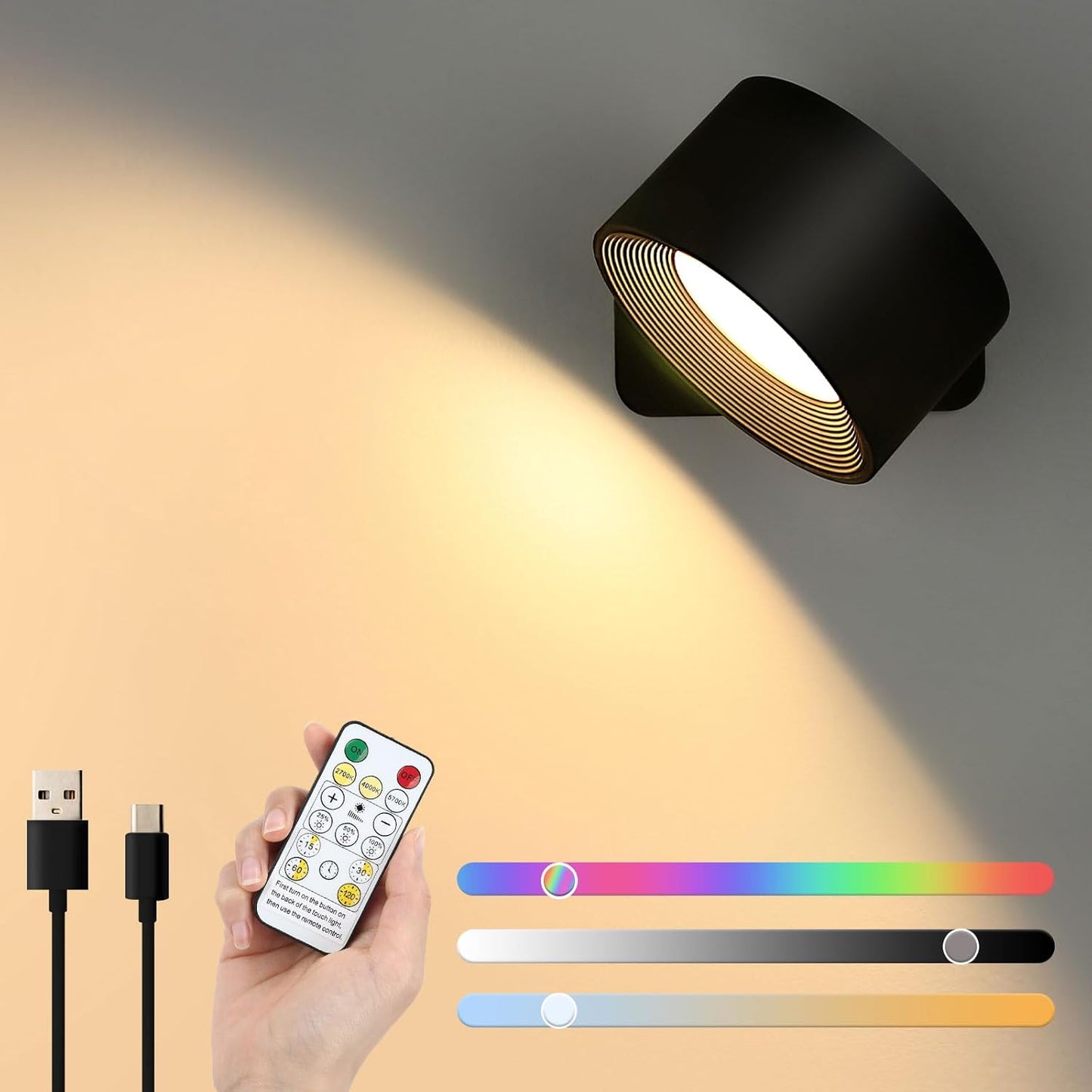 RGB Dimmerabile Lampada a Parete Con Batterie Wireless LED Applique Da Parete Interno Controllo Remoto Luce Da Parete 360 ° Rotante per Soggiorno, Camera Da Letto, Studio (Nero 1PC)