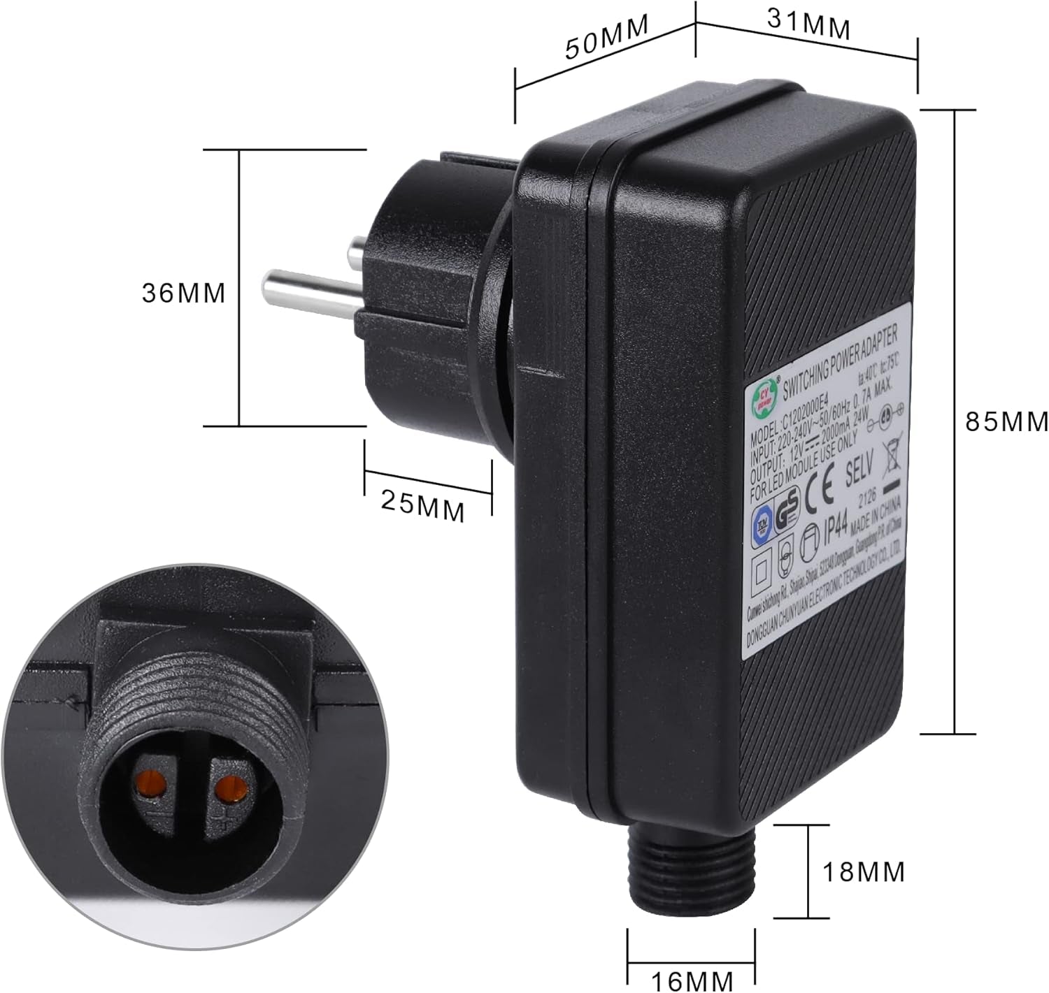 Adattatore LED per Illuminazione Da Giardino,Alimentatore LED IP44 per Faretti Da Giardino 12V DC E Cavo Impermeabile per Luci Esterne Da 2,5 M 1 Confezione