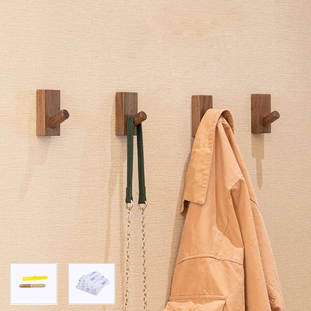 Confezione Da 4 Ganci Autoadesivi Da Parete in Legno, Appendiabiti Decorativi in Legno, Ganci in Legno, Ganci per Cappelli (Rettangolo Di Noce Nero- 4P)