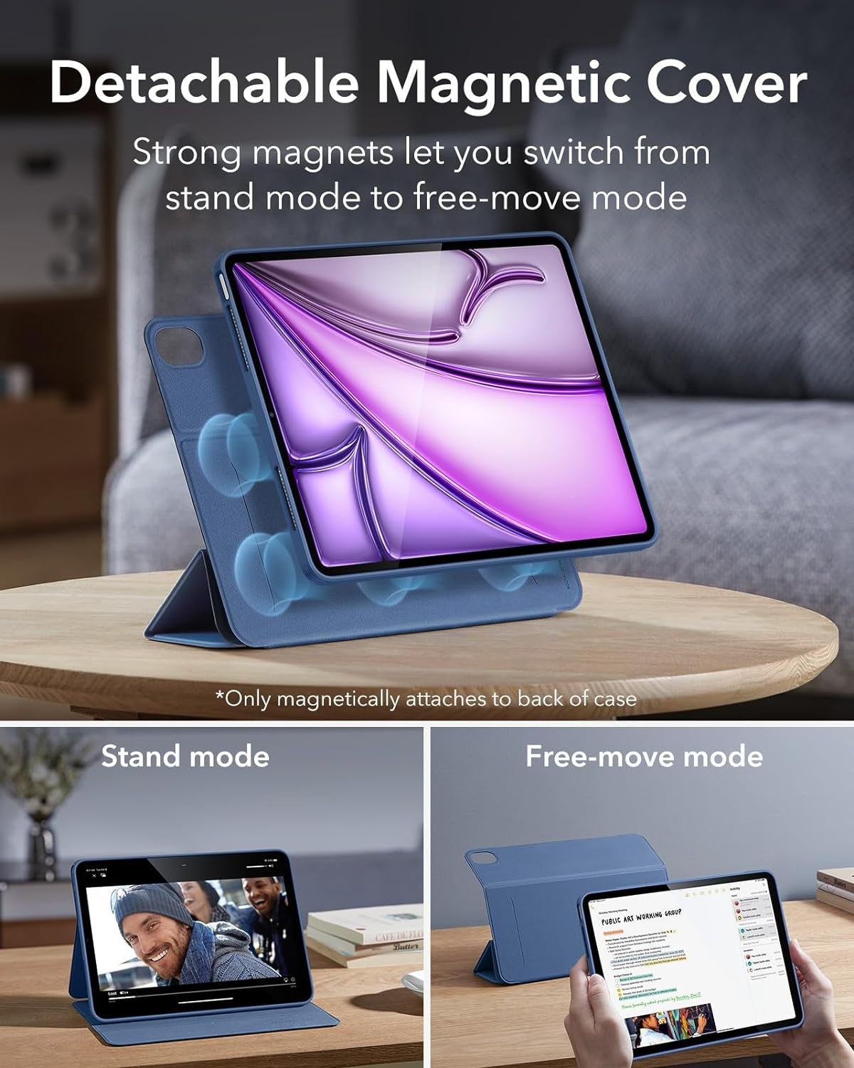 Cover per Ipad Air 13 Pollici M2 2024, Custodia Magnetica Rimovibile, Supporto per Pencil Pro/Pencil USB-C, Supporto Verticale E Orizzontale, Auto Attivazione/Standby, Serie Rebound 360, Blu