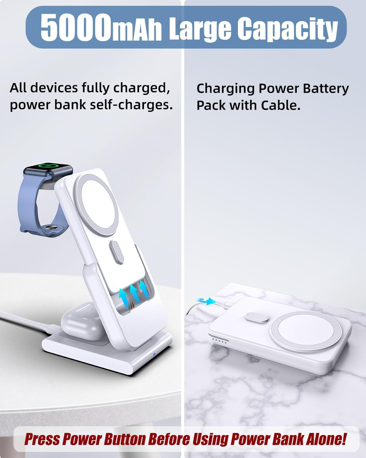 Caricatore Wireless Magnetico, Mag-Safe Battery Pack 5000Mah Staccabile, Pieghevole Caricatore Mag Safe per Iphone 15 14 Pro Max 13, Ricarica Wireless per Iwatch 9 8, Caricatore Iphone per Airpods Pro