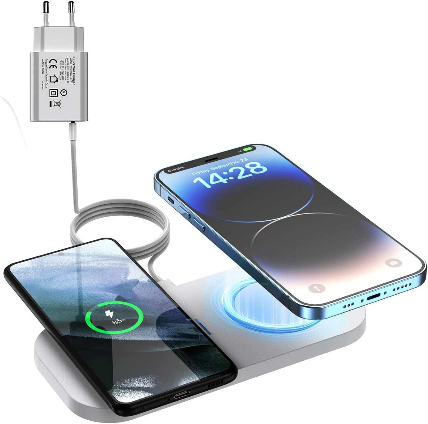 Caricatore Wireless 2 in 1, 15 W, Max Induttivo per Iphone 16/15/14/13/12/11/XR/X/8, Pad Di Ricarica Veloce Senza Fili Con Adattatore per Samsung Galaxy S24/S23/S22/Note, Airpods 4/Pro/3/2,