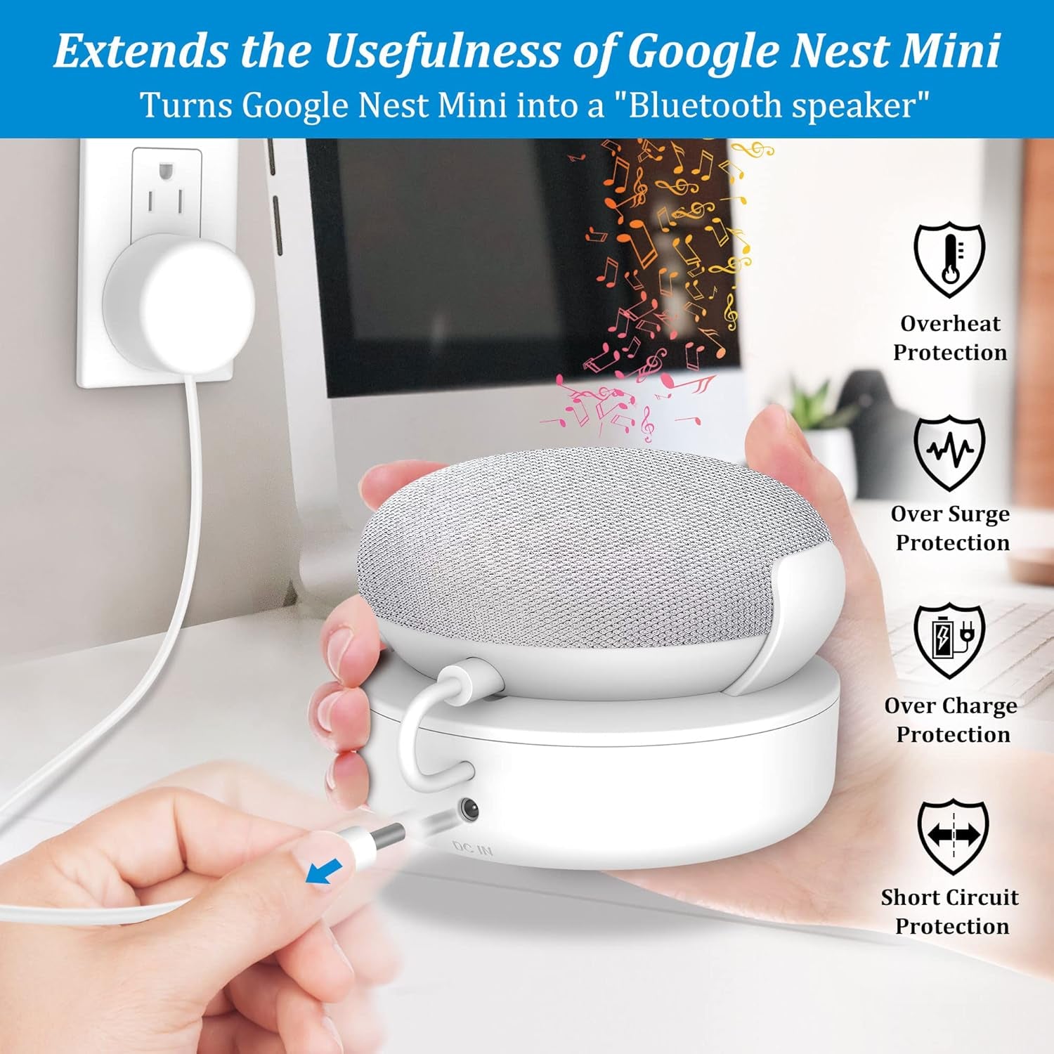 Base per Batteria Compatibile Con Google Nest Mini - Accessorio per Supporto per Batteria Da Esterno Portatile per Cucina E Giardino, Alimentatore 9 Ore Di Riproduzione (Bianco)