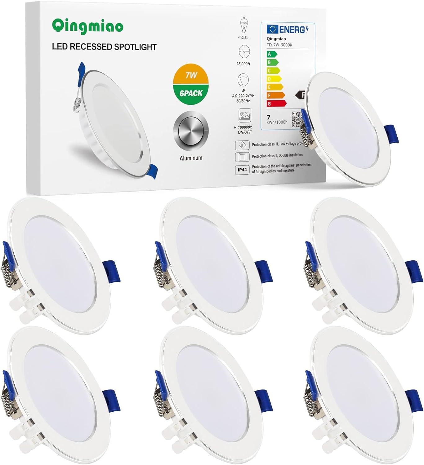 Set Di 6 Faretti LED Da Incasso Faretto Incorporato Luce a Led, Bianco Caldo 3000K, 7W Equivalente 70W, 230V, 600Lm, Profondità 27Mm, Diametro Del Foro Ø75Mm [Classe Di Efficienza Energetica F]