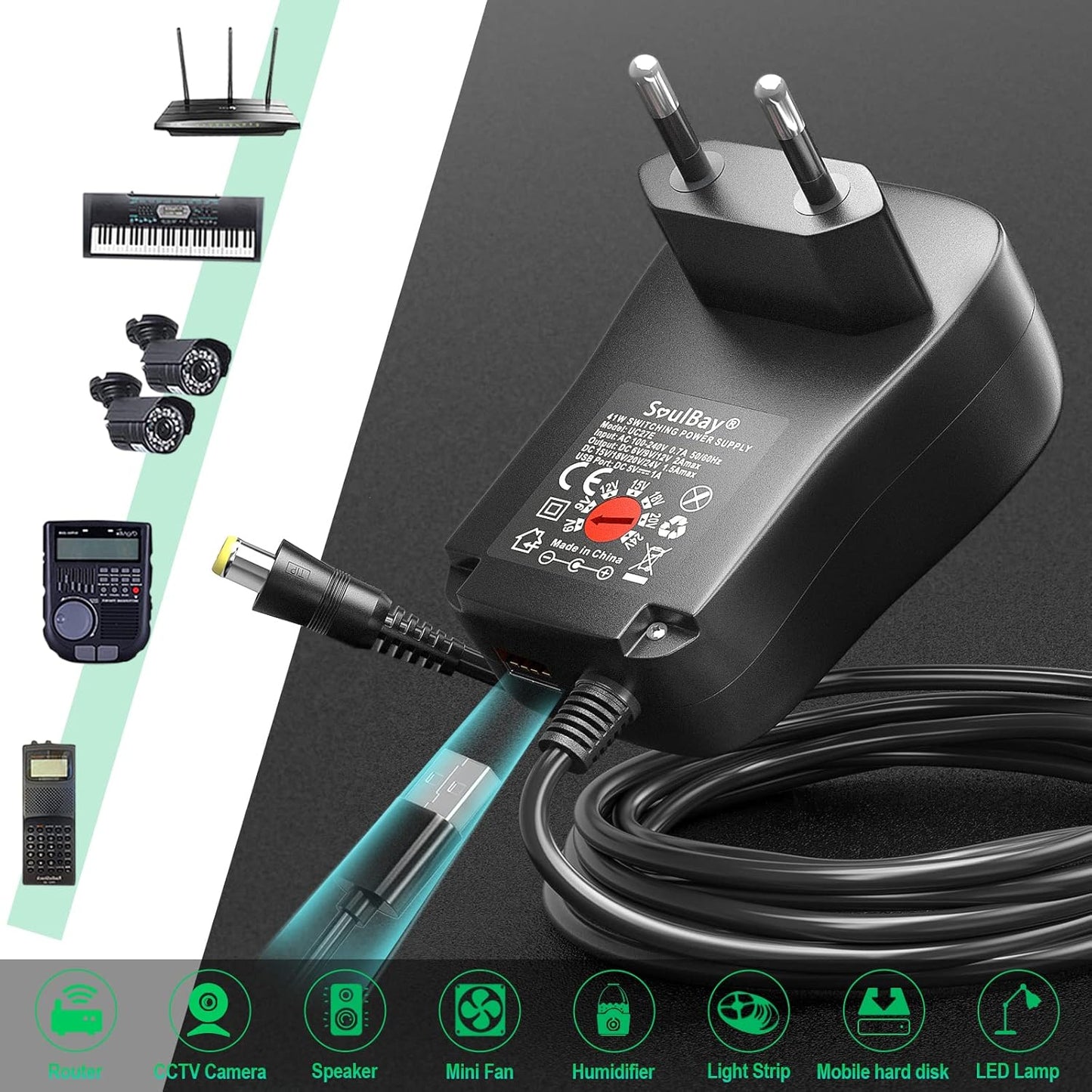 6V - 24V 41W Alimentatore Switching Universale per Caricabatterie CA/CC Con Punte CC Da 11 Pezzi, Contiene Spina USB-C per Elettronica Domestica E Strisce LED - 2000 Ma Max