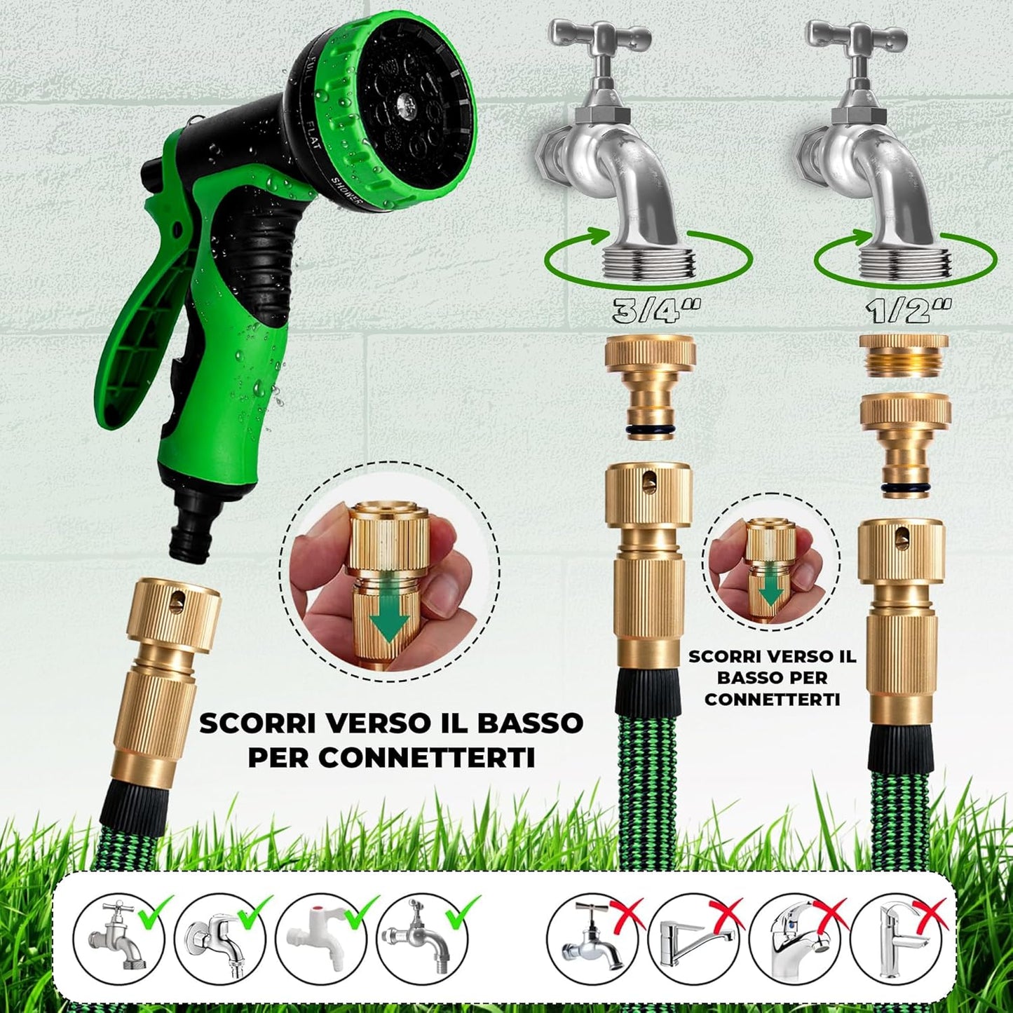 Tubo Acqua Giardino 15 Metri Tubo Estensibile Da Giardino - Canna Acqua Giardino Con Pistola Acqua Giardino a 9 Modalità Di Spruzzo - Tubo Irrigazione Con Raccordi in Ottone Da 1/2" E 3/4