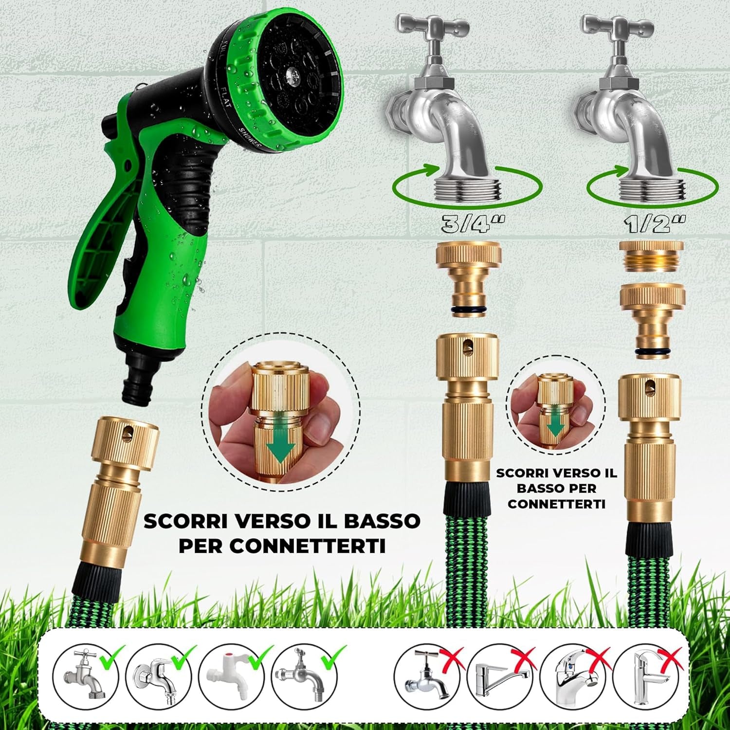 Tubo Acqua Giardino 15 Metri Tubo Estensibile Da Giardino - Canna Acqua Giardino Con Pistola Acqua Giardino a 9 Modalità Di Spruzzo - Tubo Irrigazione Con Raccordi in Ottone Da 1/2" E 3/4