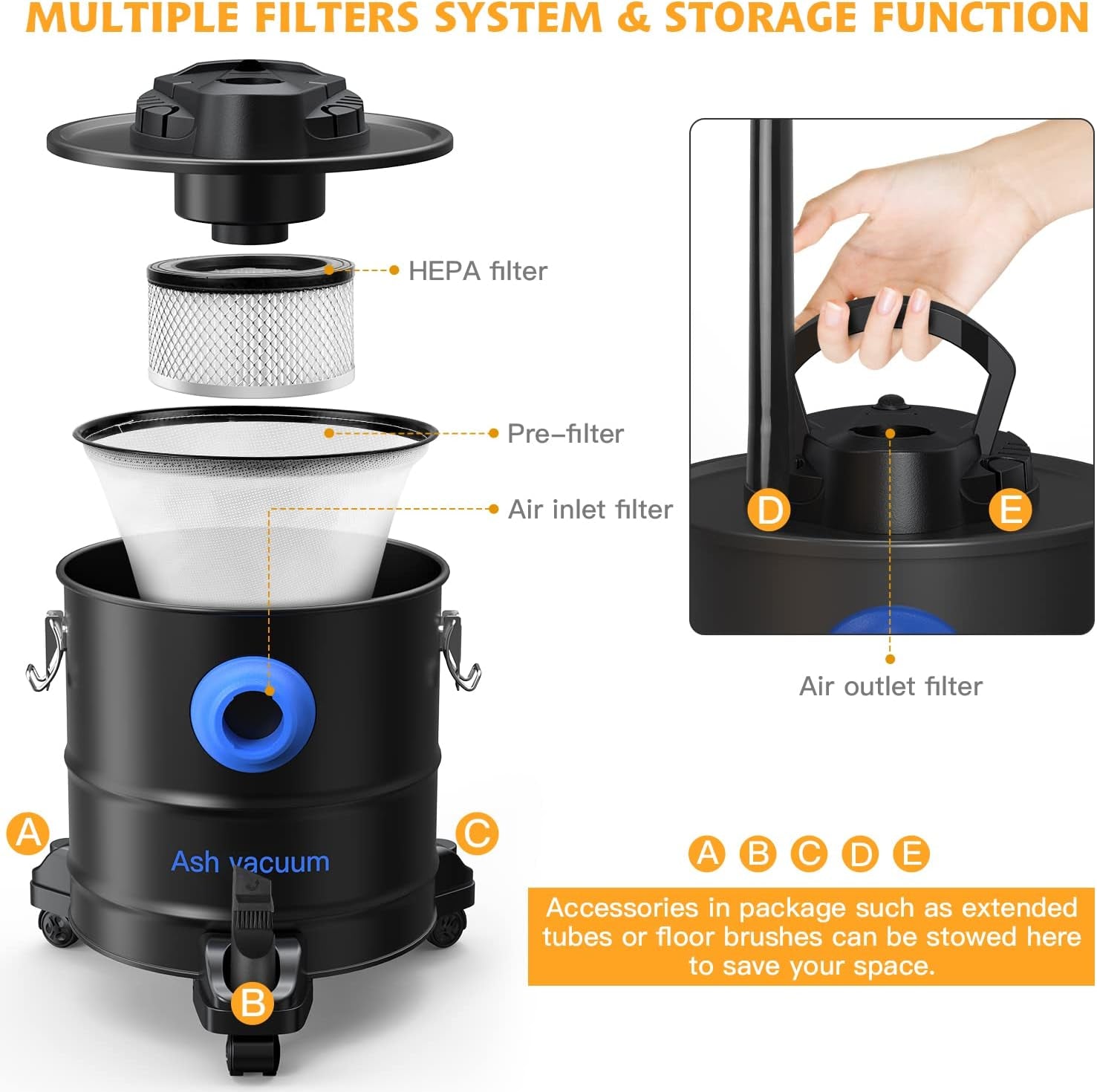 Aspiracenere, Aspiracenere Multifunzione 20Kpa 20L, Doppio Sistema Di Filtrazione Con Filtro Hepa E Prefiltro per Camino, Barbecue, Stufe, Griglie, Bracieri, Bruciatori Di Legna, Caminetti - 1200W