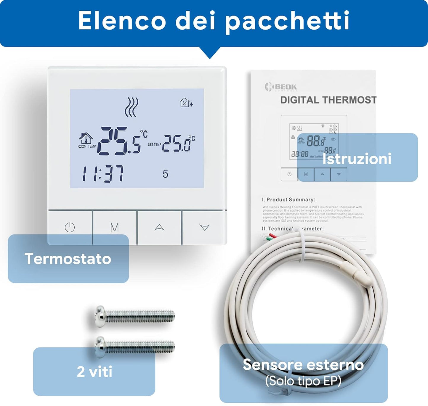 Termostato Smart per Riscaldamento Dell'Acqua,Termostato Ambiente LCD Touchscreen Digitale Programmabile Settimanale Cronotermostato 3A TDS75-WP