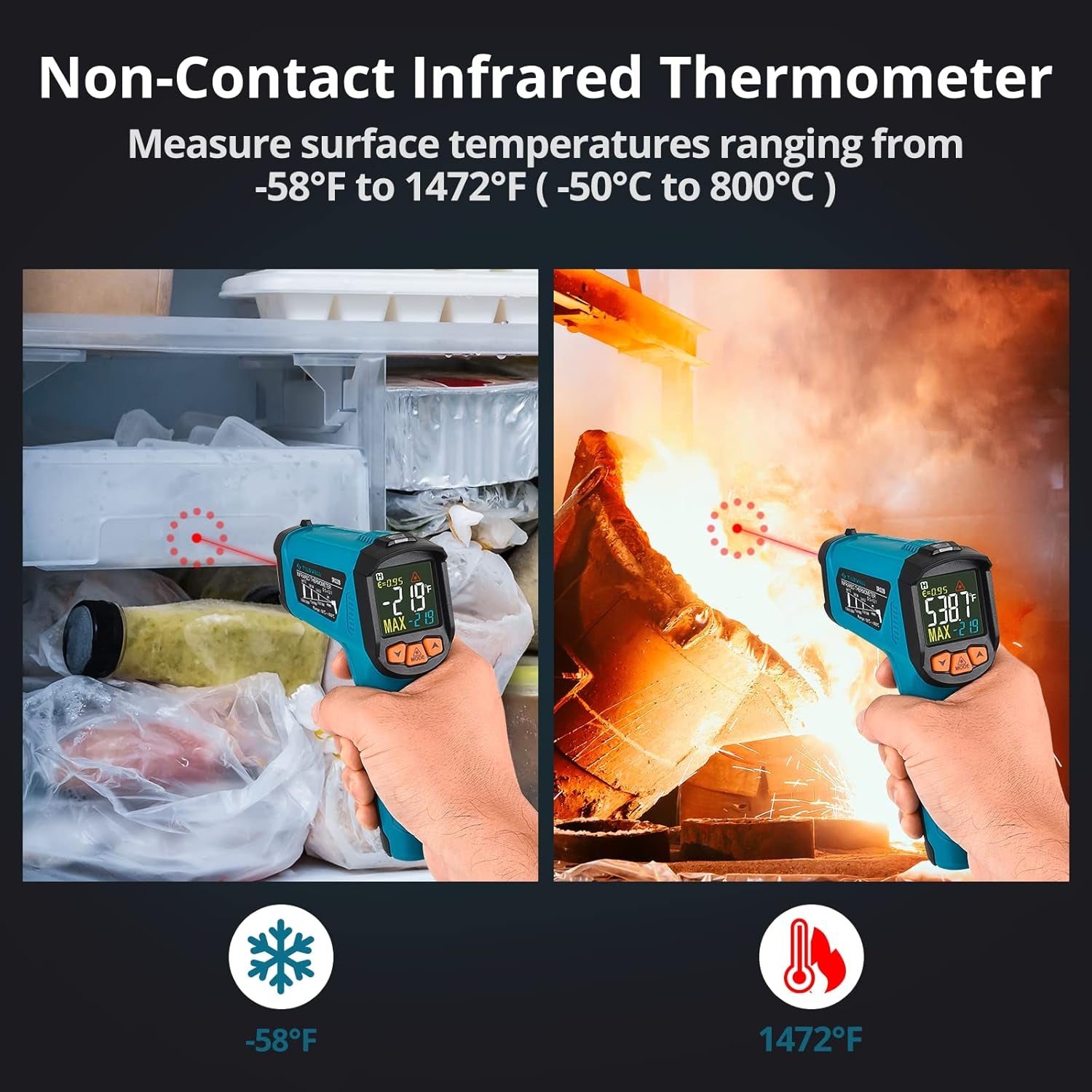 Termometro Infrarossi (Non per Umani), Con Display LCD a Colori -500℃~800℃ Termometro Red Beam Digitale Portatile Con Sonda per Cucina/Cottura/Forno/Pizza/Frigori/Industriale