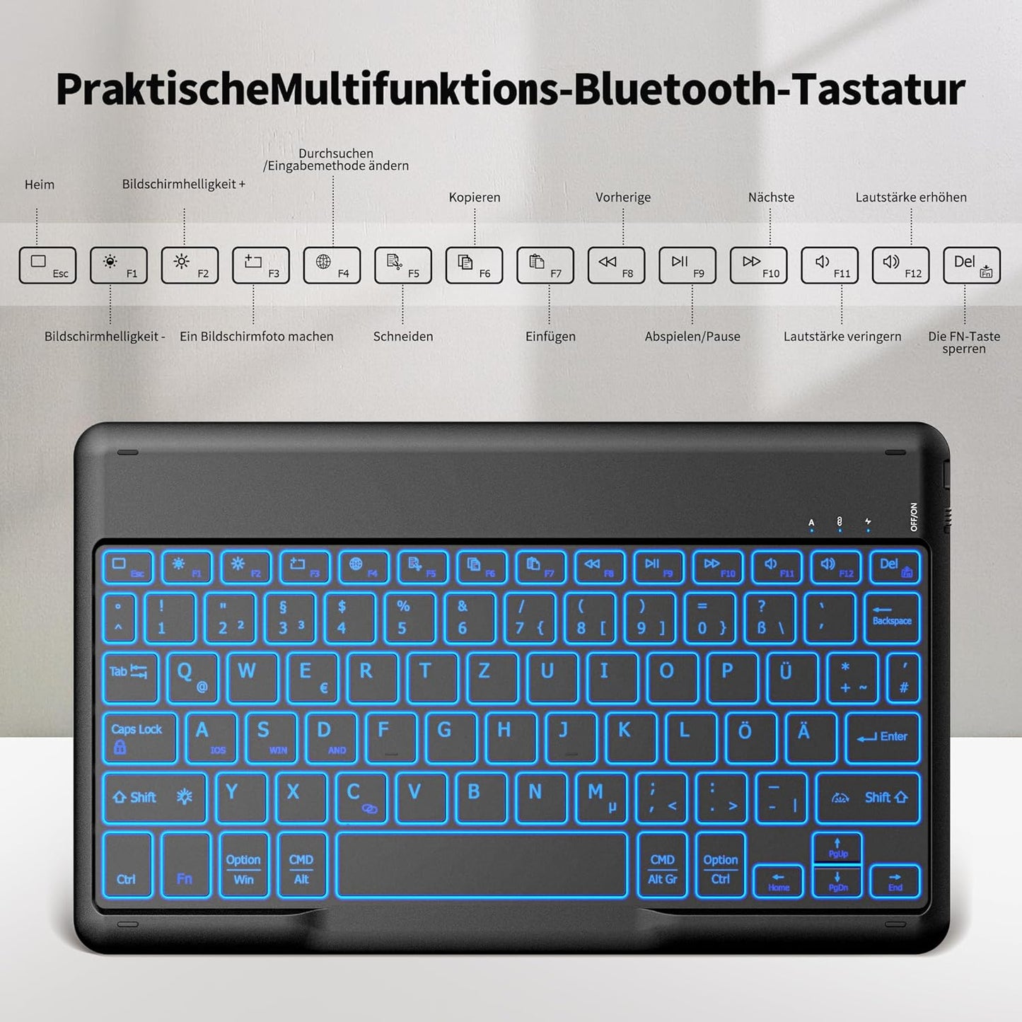 Tastiera Bluetooth, Tastiera Wireless Bluetooth Compatibile Con Windows/Android/Ios, Tastiera Retroilluminata QWERTZ Layout Tedesco, Tastiera Con Cavo Tape-C Da 80 Cm, Nero