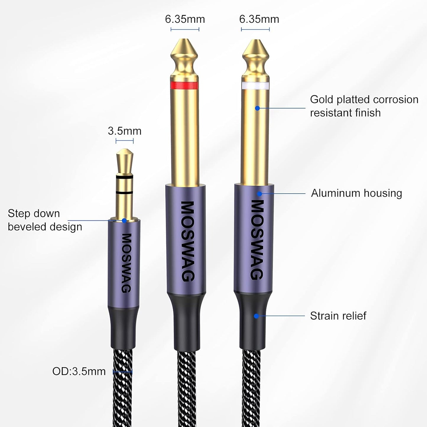 3,5 Mm 1/8 "TRS Maschio a 2X 6,35 Mm 1/4" TS Maschio Mono Stereo Cavo a Y Splitter 10M Compatibile per Sistemi Stereo Domestici, Laptop, Amplificatore, Registratore Audio Mixer, MP3, Ecc