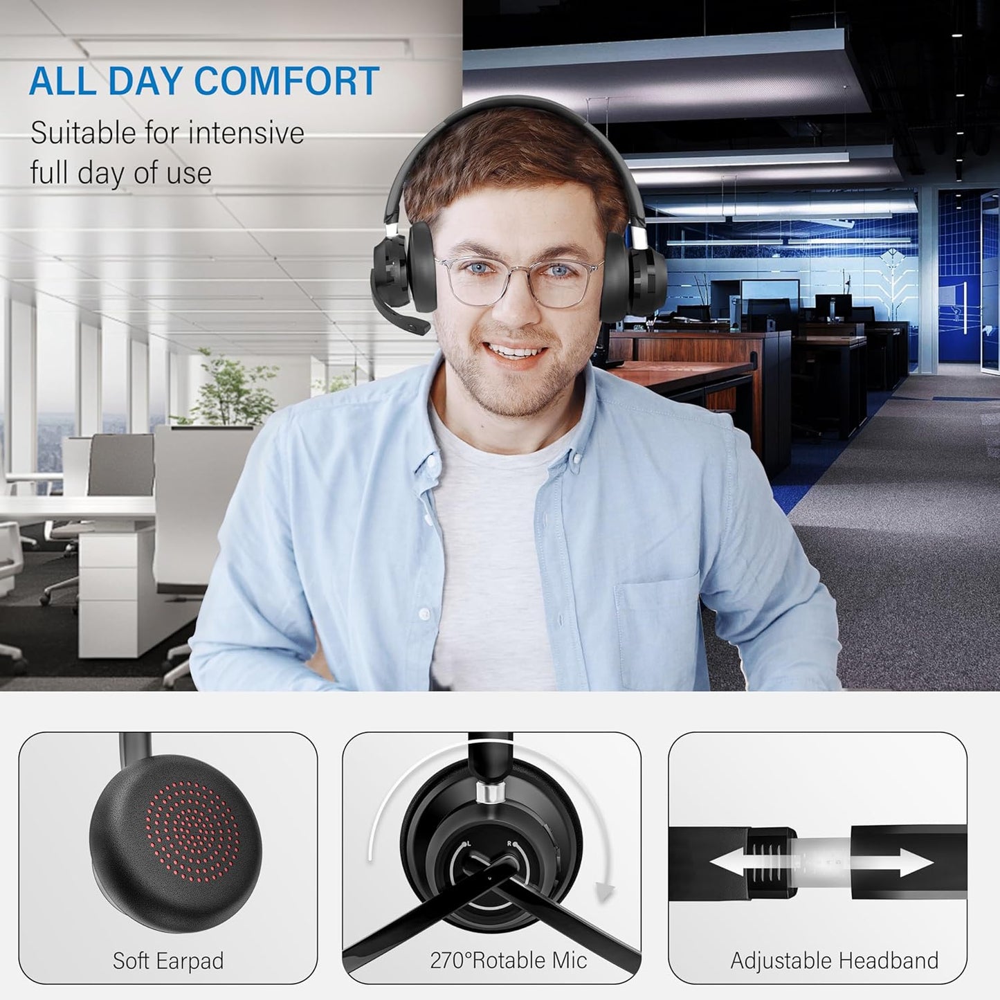 Cuffie Con Microfono Senza Filo per PC E USB Dongle, Cuffie PC Senza Fili Con 45 Ore Di Riproduzione, Mic Mute, per Call Center, Skype Zoom, Etc
