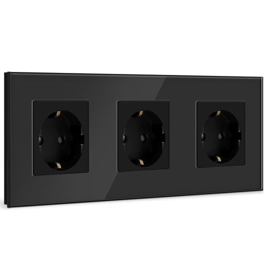 Presa Schuko a 3 Scomparti, in Vetro Di Cristallo, Presa Schuko Tripla Presa Da 16 Amp, Colore Nero, 228 Mm