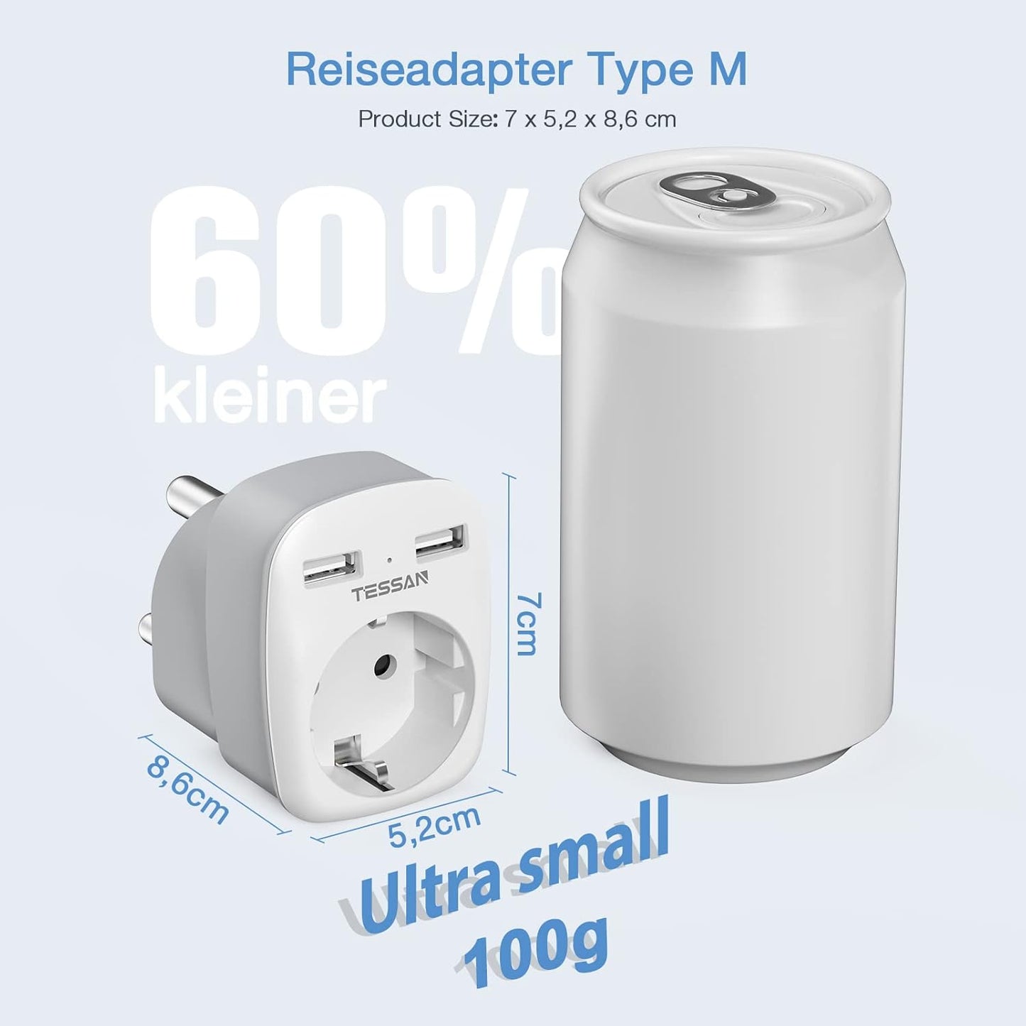 Adattatore Da Viaggio Sudafrica, Adattatore Presa Sudafrica Con 2 USB, Adattatore Da Viaggio Con Spina Tipo M per Sudafrica, Namibia, Lesotho, Bhutan, Mozambico