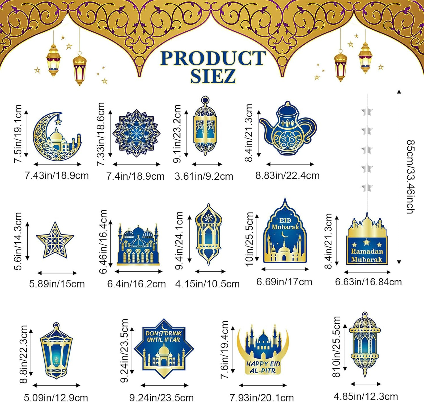 13 Stelle Filanti Di Carta per Ramadan Eid Mubarak Ghirlanda Di Lanterna Luna Pendenti Di Carta per Eid Al Fitr Decorazione Islamica Musulmana Matrimonio Compleanno Feste (Blu)