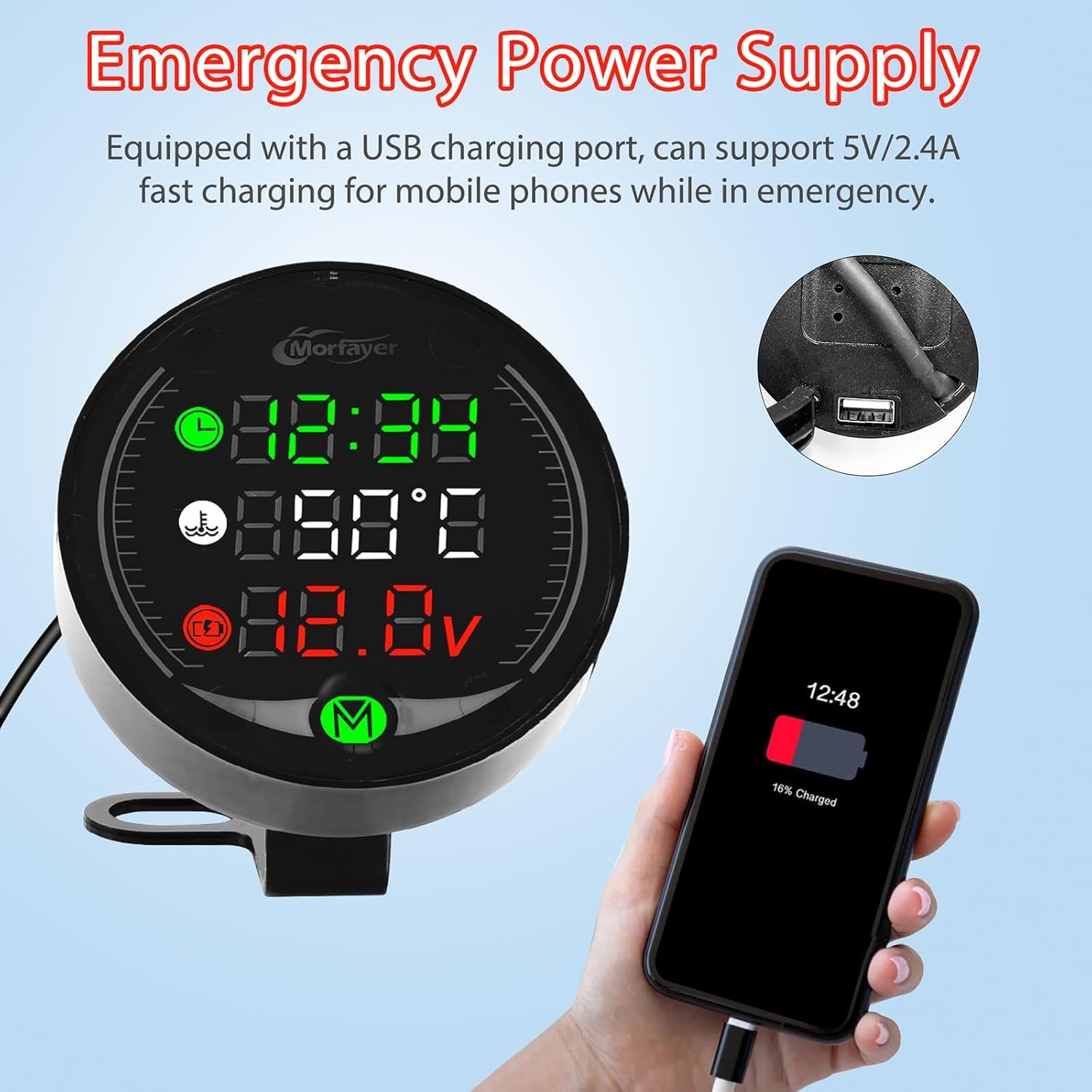 Contatore Moto LED 5 in 1, Termometro Digitale per Moto + Voltmetro ATV + Orologio Elettronico + Cronografo + Caricatore USB, Termometro Acqua Multifunzione Con Sensore per Moto