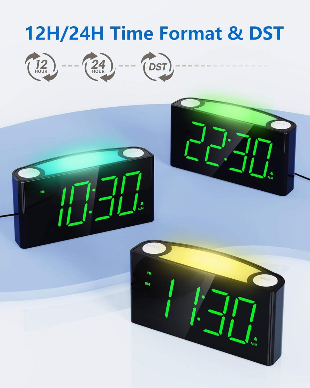 Sveglia Digitale Plug-In Da Comodino, Orologio Da Tavolo Con 7Colori Di Luce Notturna,Grande LED Display&Dimmer, USB Ricaricare,Batteria Di Ricambio (Non Inclusa), per Bambini/Anziani,12/24 Ore