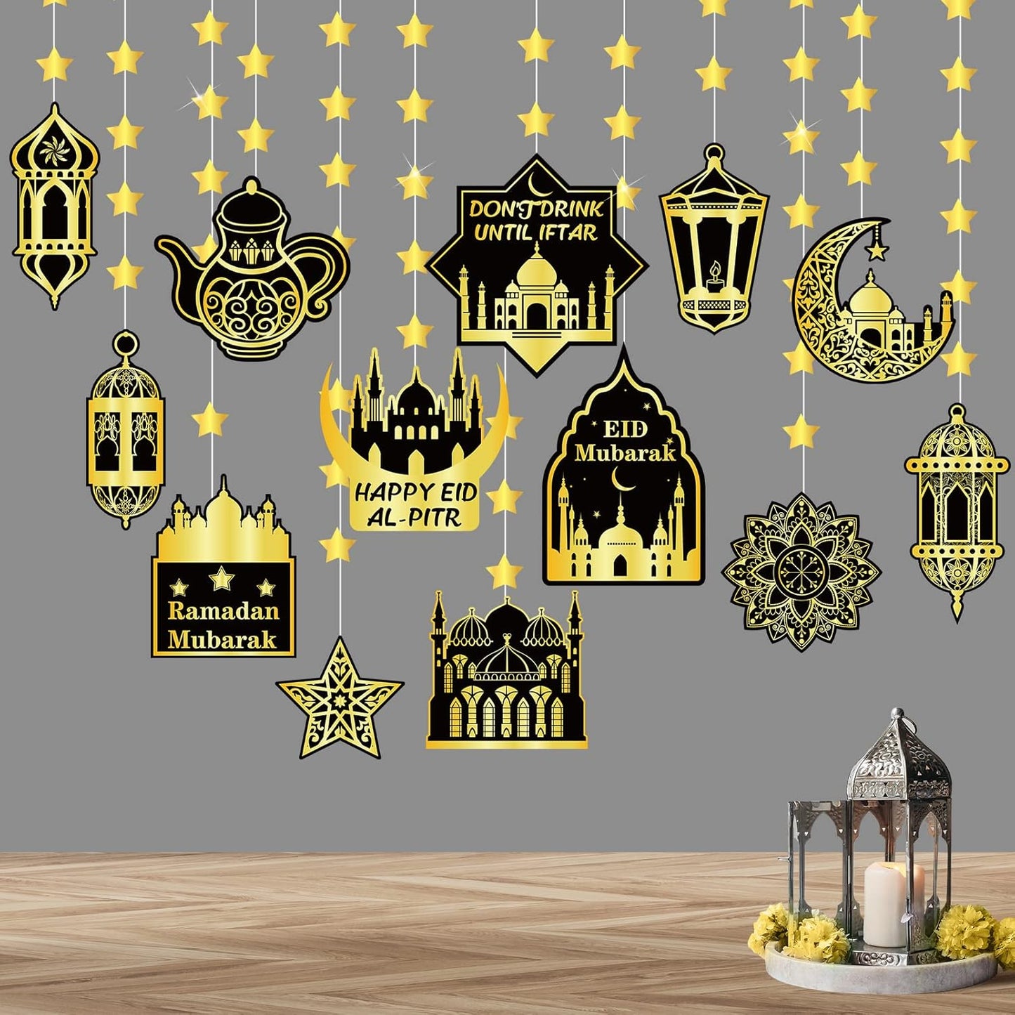 13 Stelle Filanti Di Carta per Ramadan Eid Mubarak Ghirlanda Di Lanterna Luna Pendenti Di Carta per Eid Al Fitr Decorazione Islamica Musulmana Matrimonio Compleanno Feste (Nero)