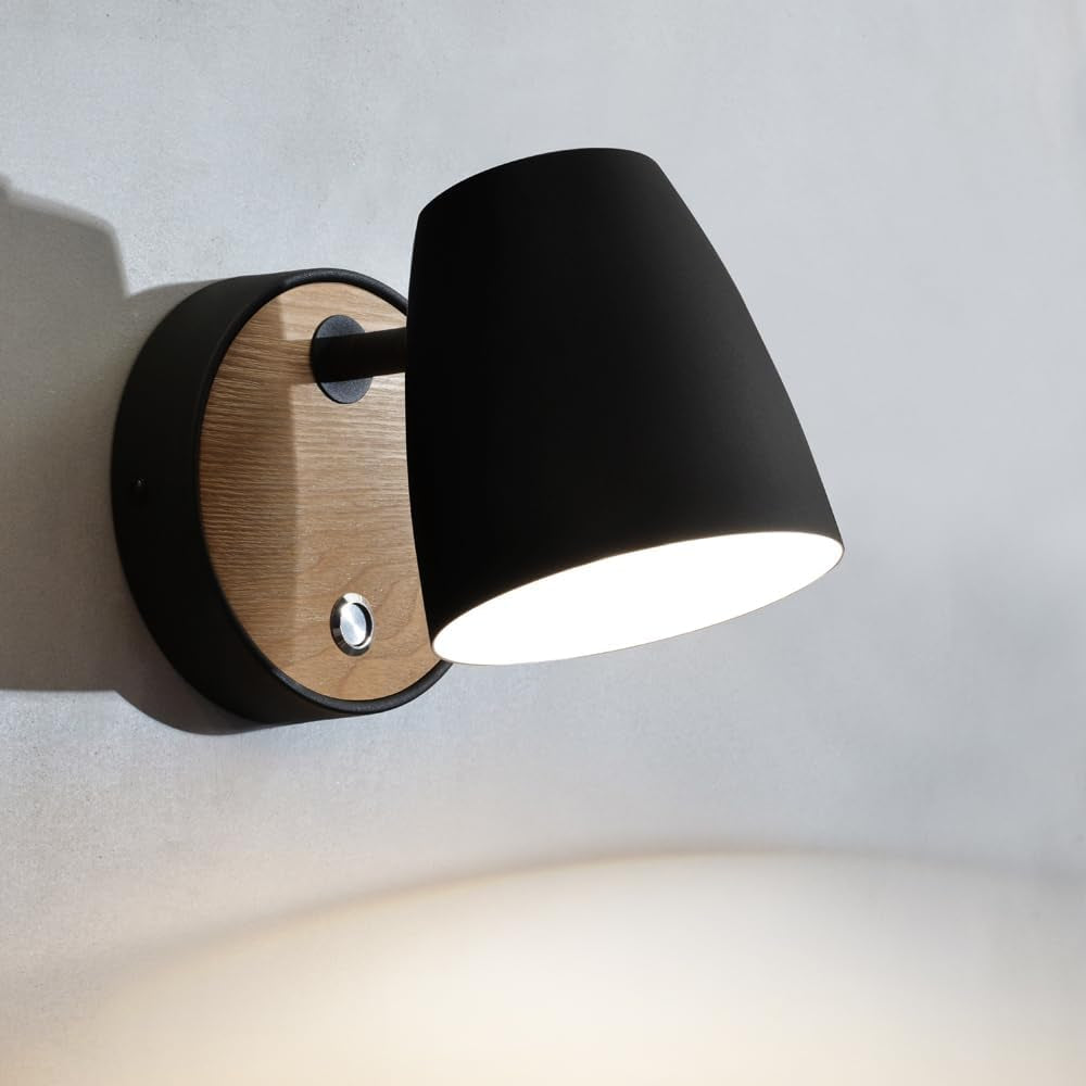 Lampada Da Parete Con Interruttore Nero,Lampada Da Parete in Legno Industriale, Paralume in Alluminio Ruotabile,Lampada Da Parete Moderna Interni per Camera Da Letto,Soggiorno,Corridoio,E27 1Pack