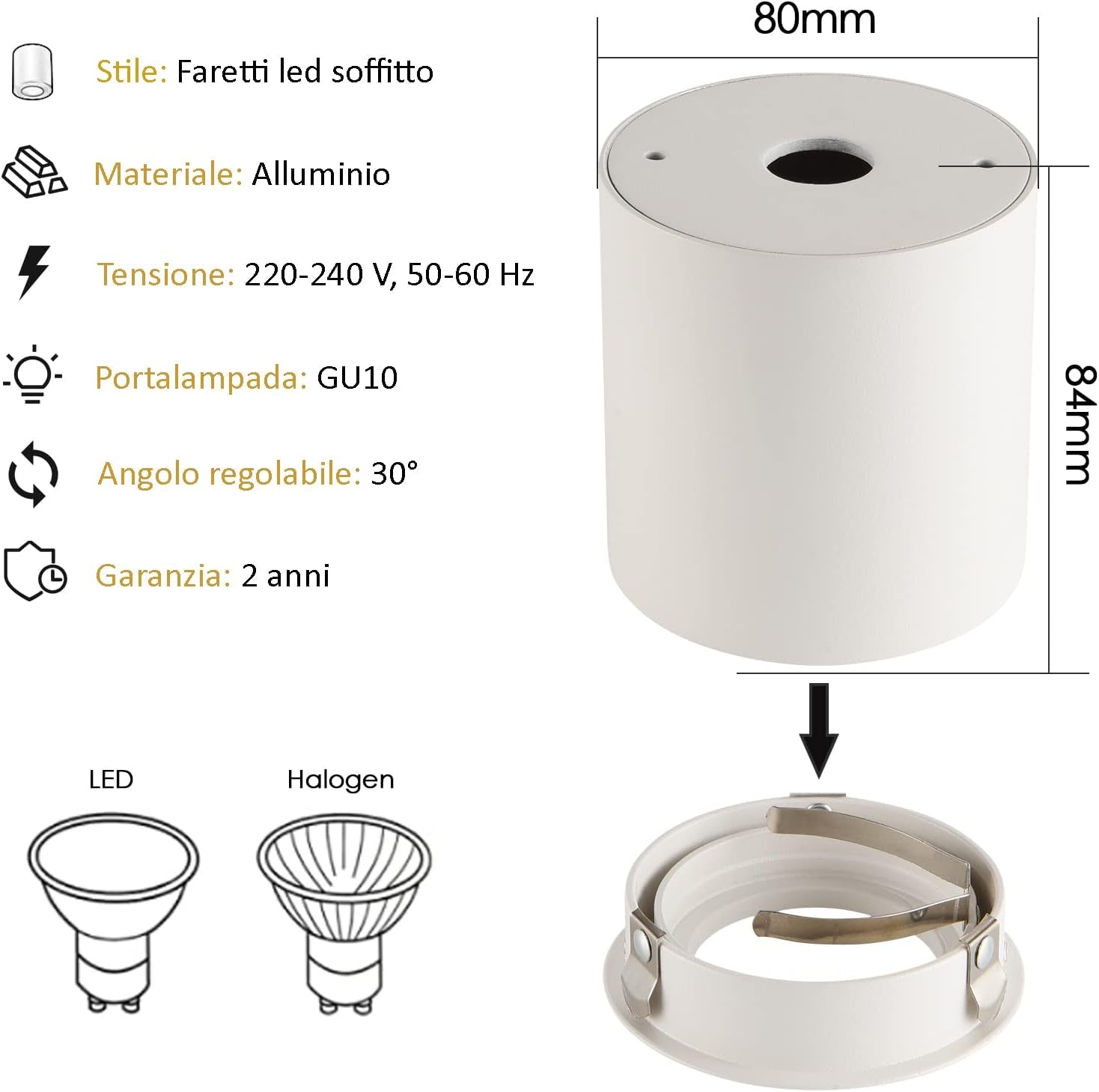 Faretto Da Soffitto Orientabile 4 Pcs,Led Faretti Da Soffitto 230V, Alluminio Lampada Da Soffitto Downlight,Rotondo Faretto Interni,Bianco Plafoniera Led Soffitto Moderna,Con Attacco GU10