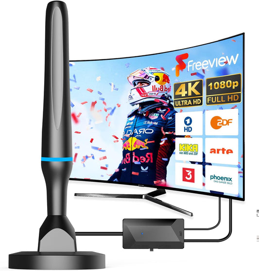 Antenna DVBT2, Antenna Da Camera DVB-T E DVB-T2, Con Amplificatore, Ampia Portata E Ricezione a 360°, Antenna Da Camera per TV Con Forte Base Magnetica, Adatta per 4K 1080P E Tutti I Dispositivi TV