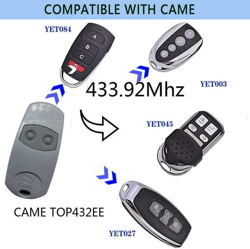 Télécommande Came Top 432EE 432EV, 2 Telecommandes Portatives 433, Compatibles Avec Télécommande De Porte Et De Garage Top432Ev/432/432Ee/432A /432M/432S T432/CAME 432,433.92Mhz…