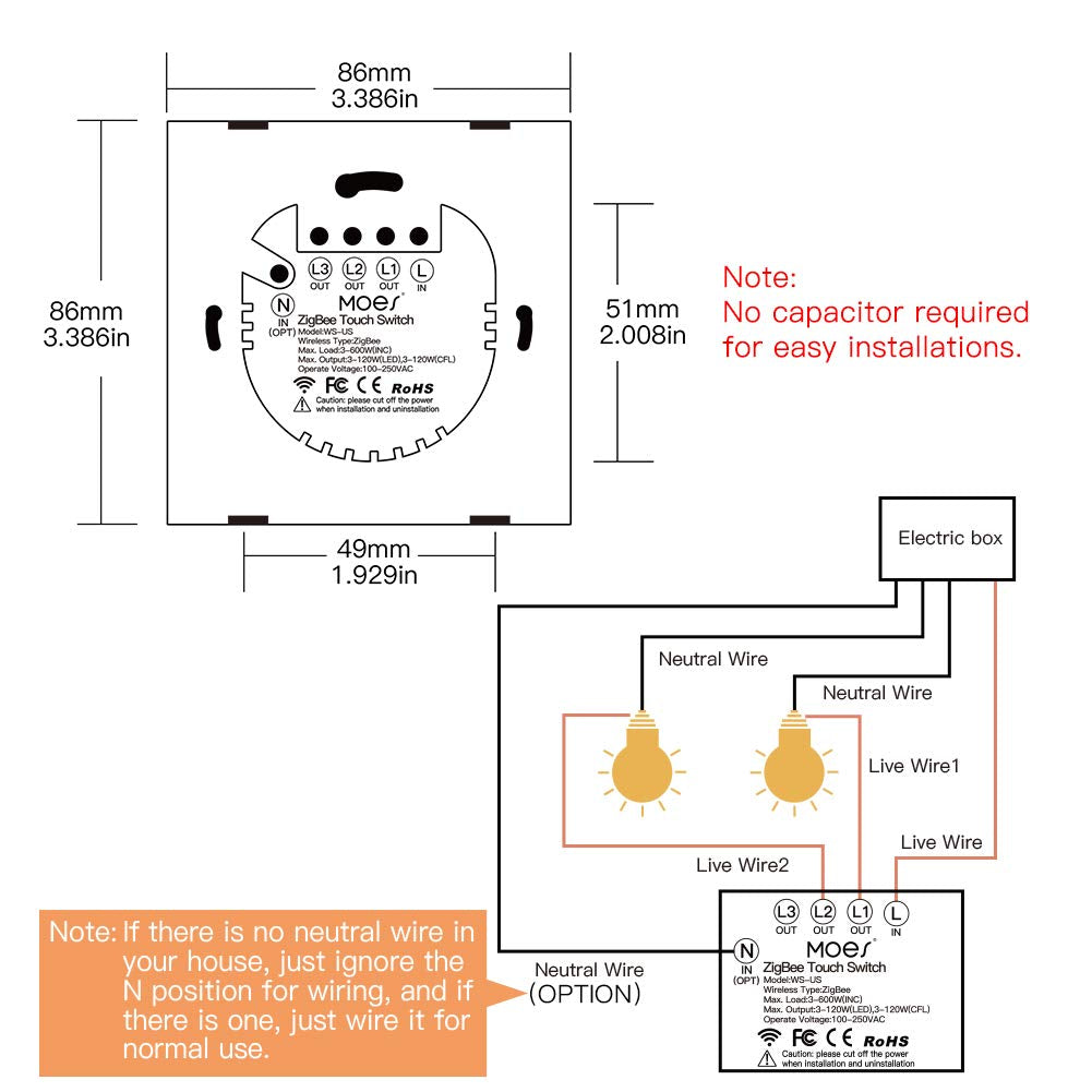 Zigbee Interruttore Intelligente, Richiede Tuya Zigbee HUB, Non Richiede Neutro, Non Richiede Condensatori, Compatibile Con L'App Smart Life Tuya Alexa Google Home, 2 Gang, Bianco