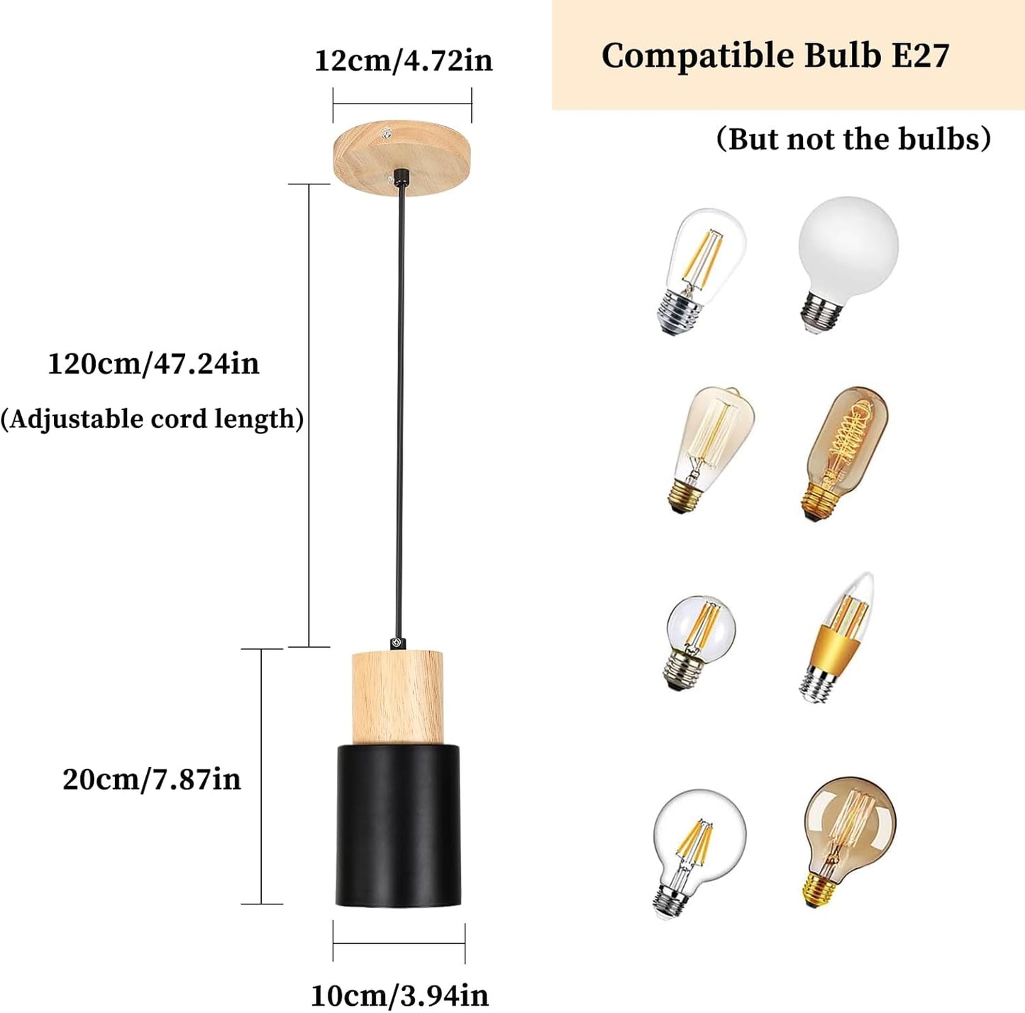 Lampadario a Sospensione Vintage, Lampada a Sospensione in Legno Metallo E27 Plafoniera Industriale per Camera Da Letto Sala Da Pranzo Soggiorno, Nero