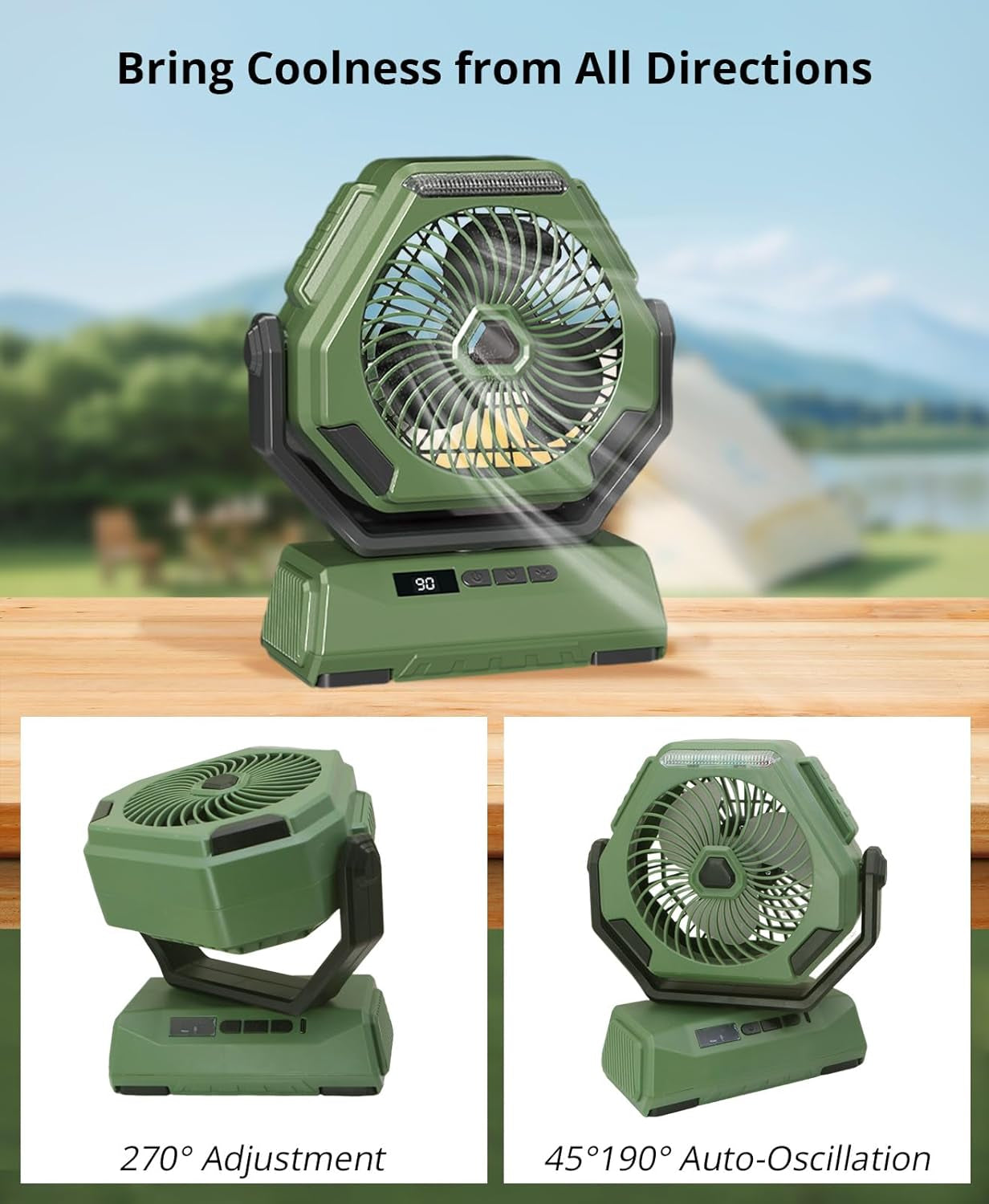 Ventilatore Da Campeggio 10000Mah, Ventilatore Da Tavolo Ricaricabile a 90°Oscillante Con Luce LED, Ventola Di Raffreddamento USB Con Gancio per Appendere in Viaggio, Pesca,