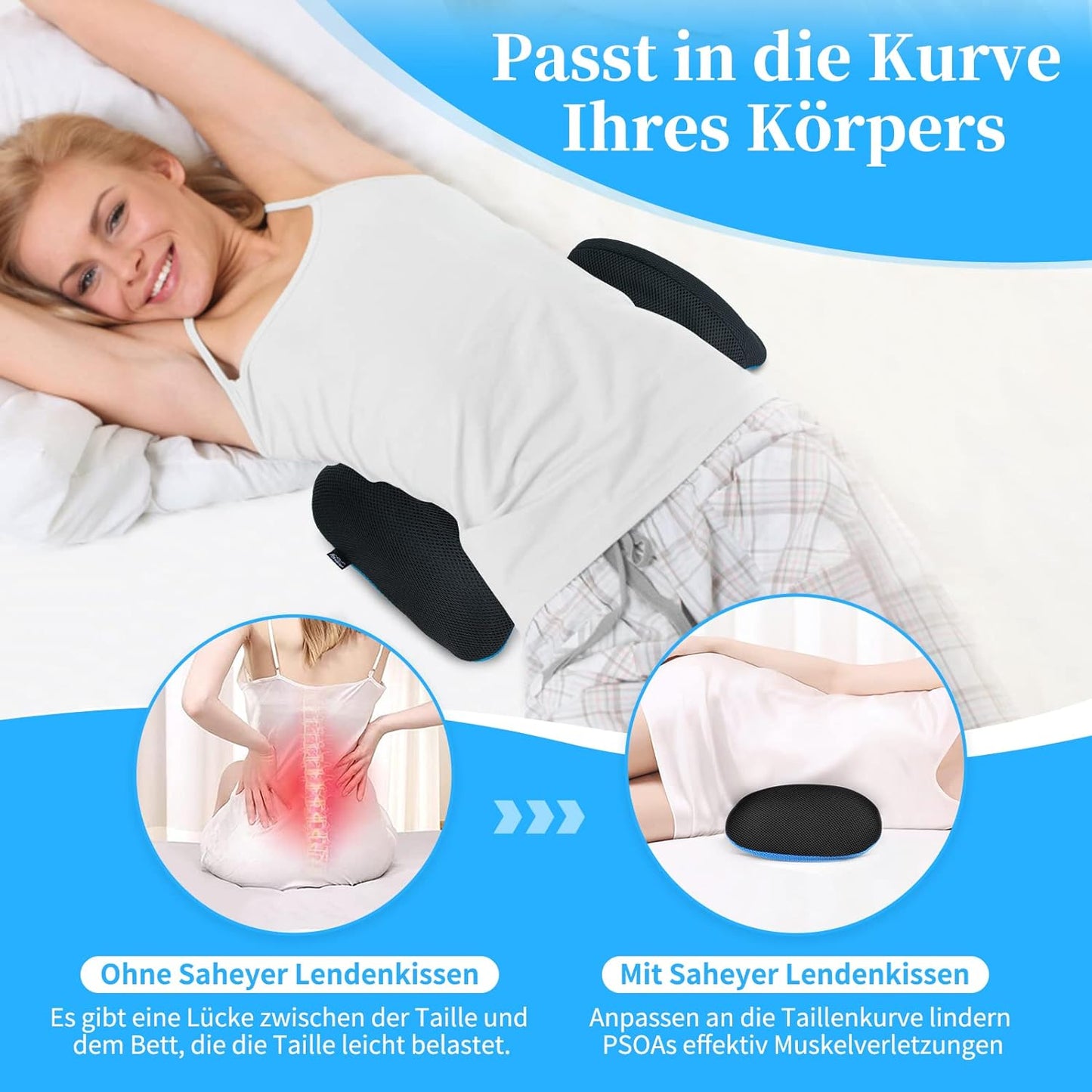 SAHEYER Cuscino lombare Cuscino per schienale ortopedico in memory foam, Cuscino lombare Design ergonomico per letto lombare, divano, sedia, sedia per auto e ufficio, Blu